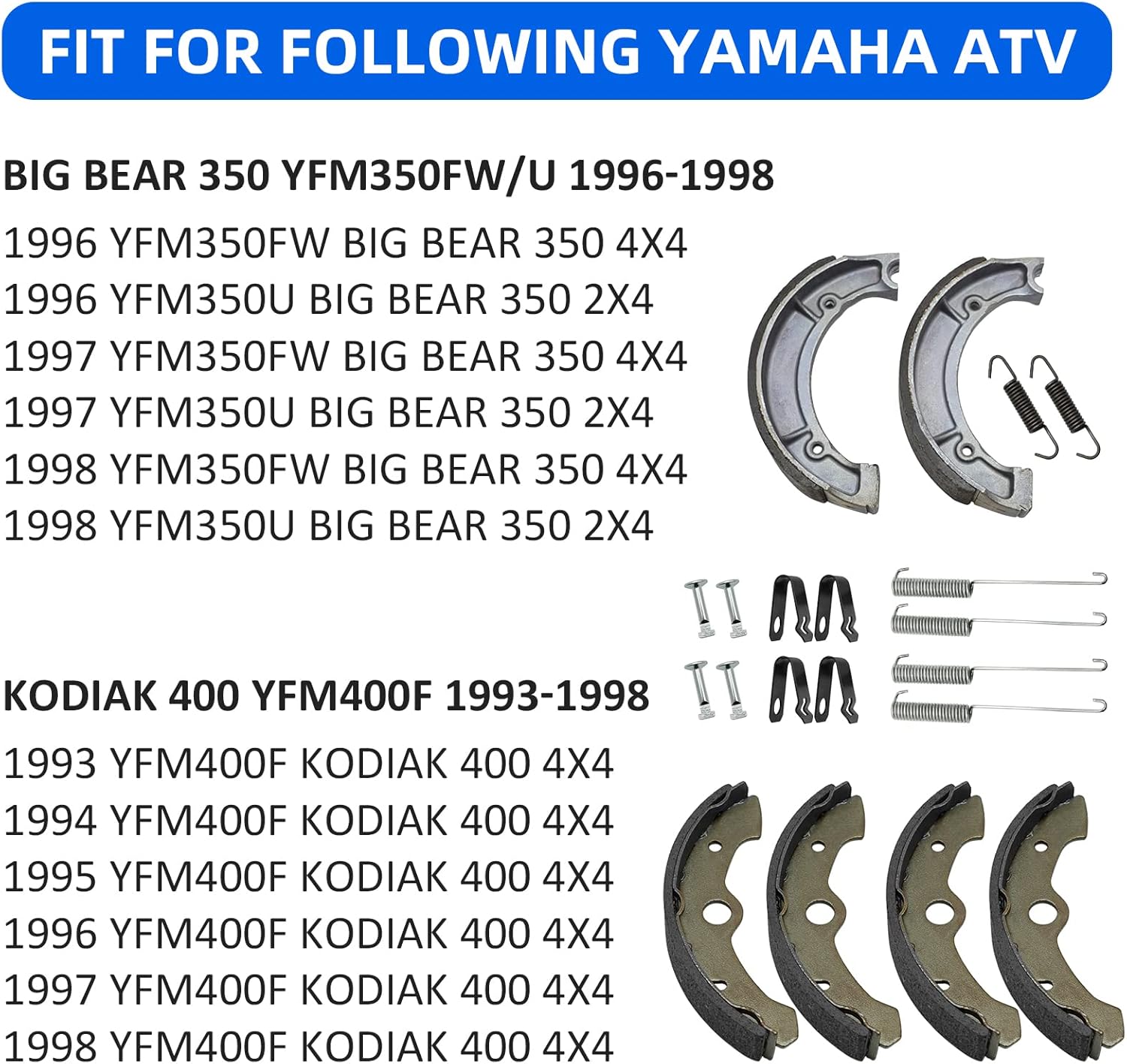 Front & Rear Brake Shoes for Yamaha Big Bear 350 1996-1998 Kodiak 400 1993-1998