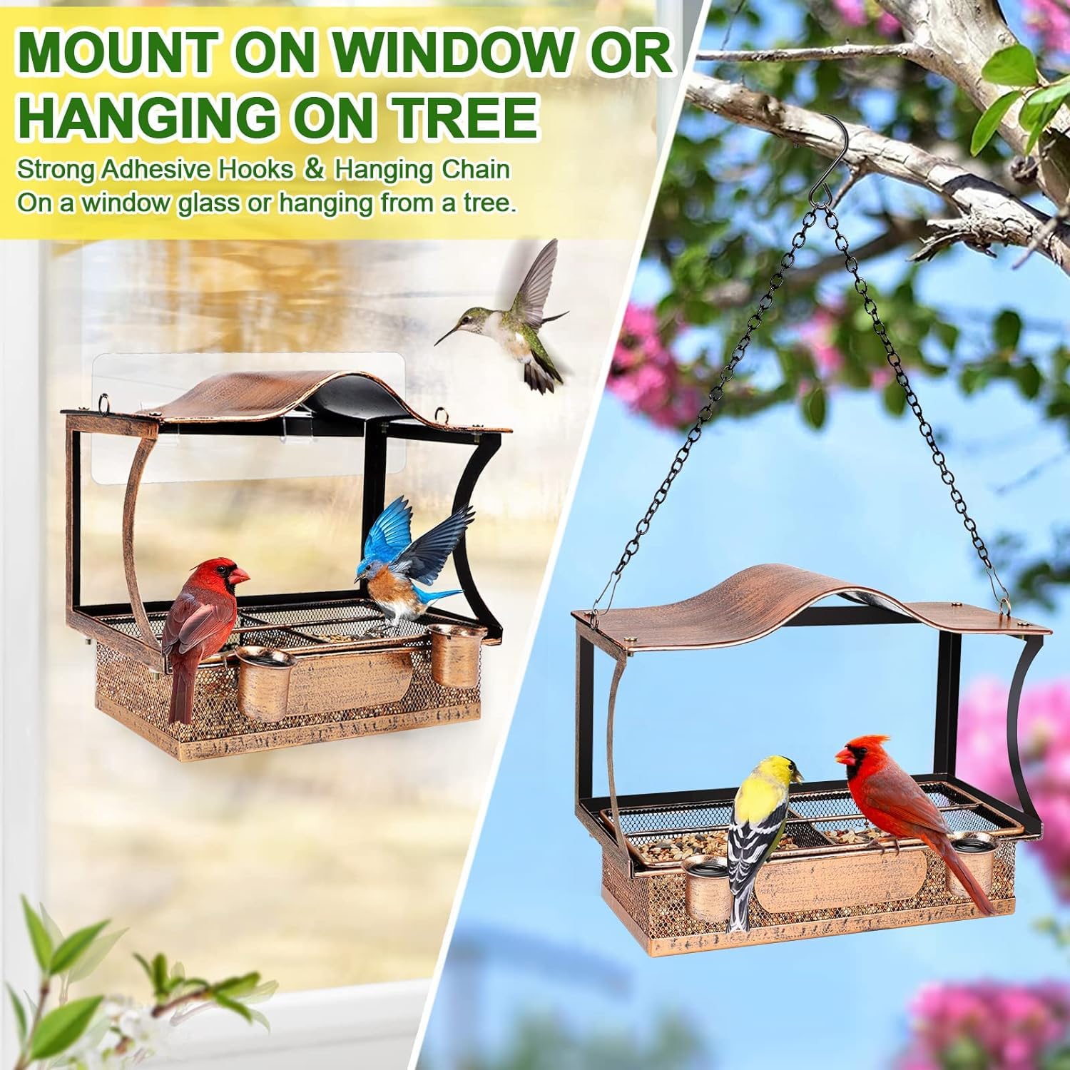 esmen Comederos Comedero para pájaros con Ventana de Metal 2 en 1 con Ganchos, Cadenas, comedero para pájaros Colgante Desmontable con Bebedero