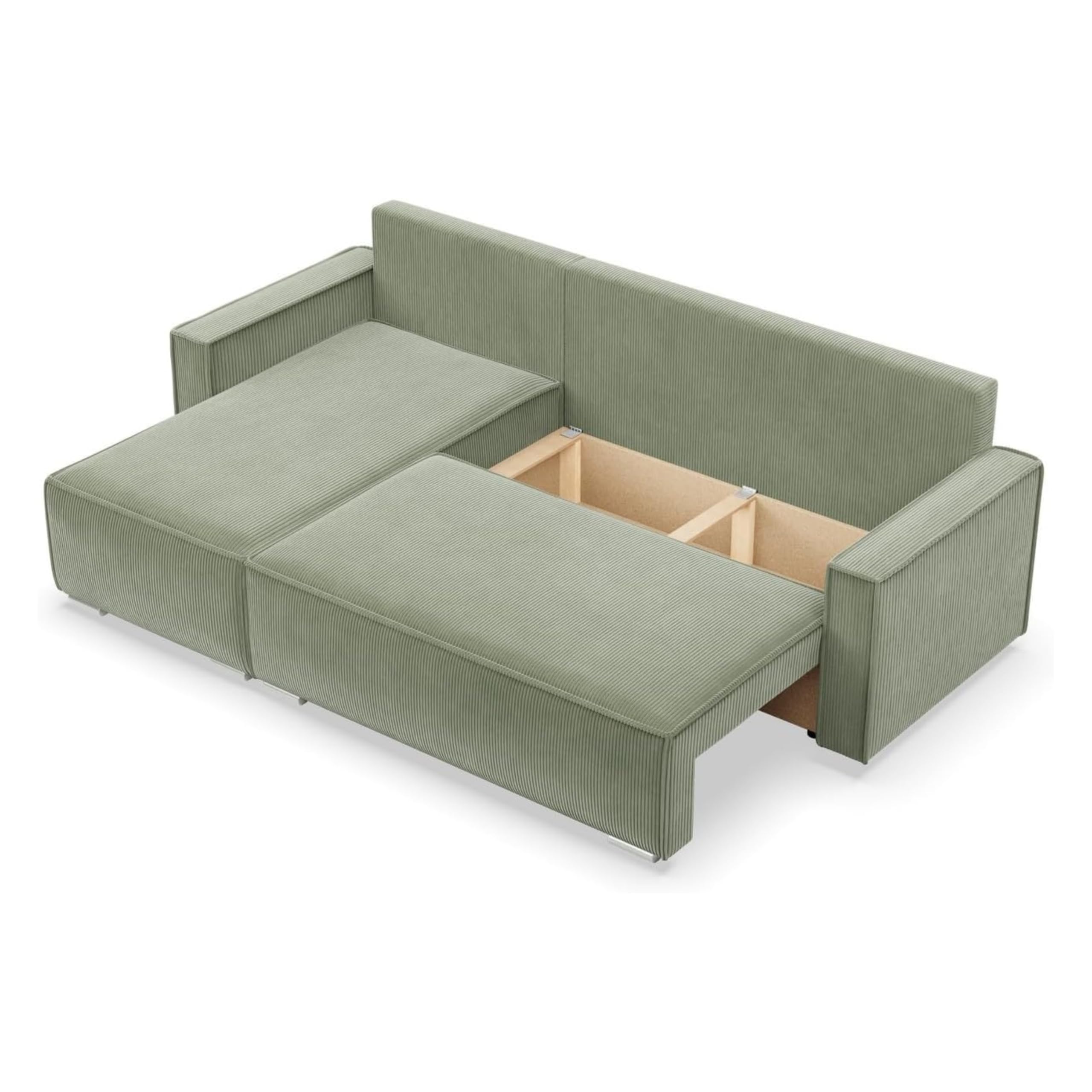Mebligo Ecksofa mit Schlaffunktion und Bettkasten NOTO, Cord Sofa L Form 231 cm Breit, Eckcouch Cord mit Schlaffunktion, Bonellfederkern, Universal Sofa Hellgrün