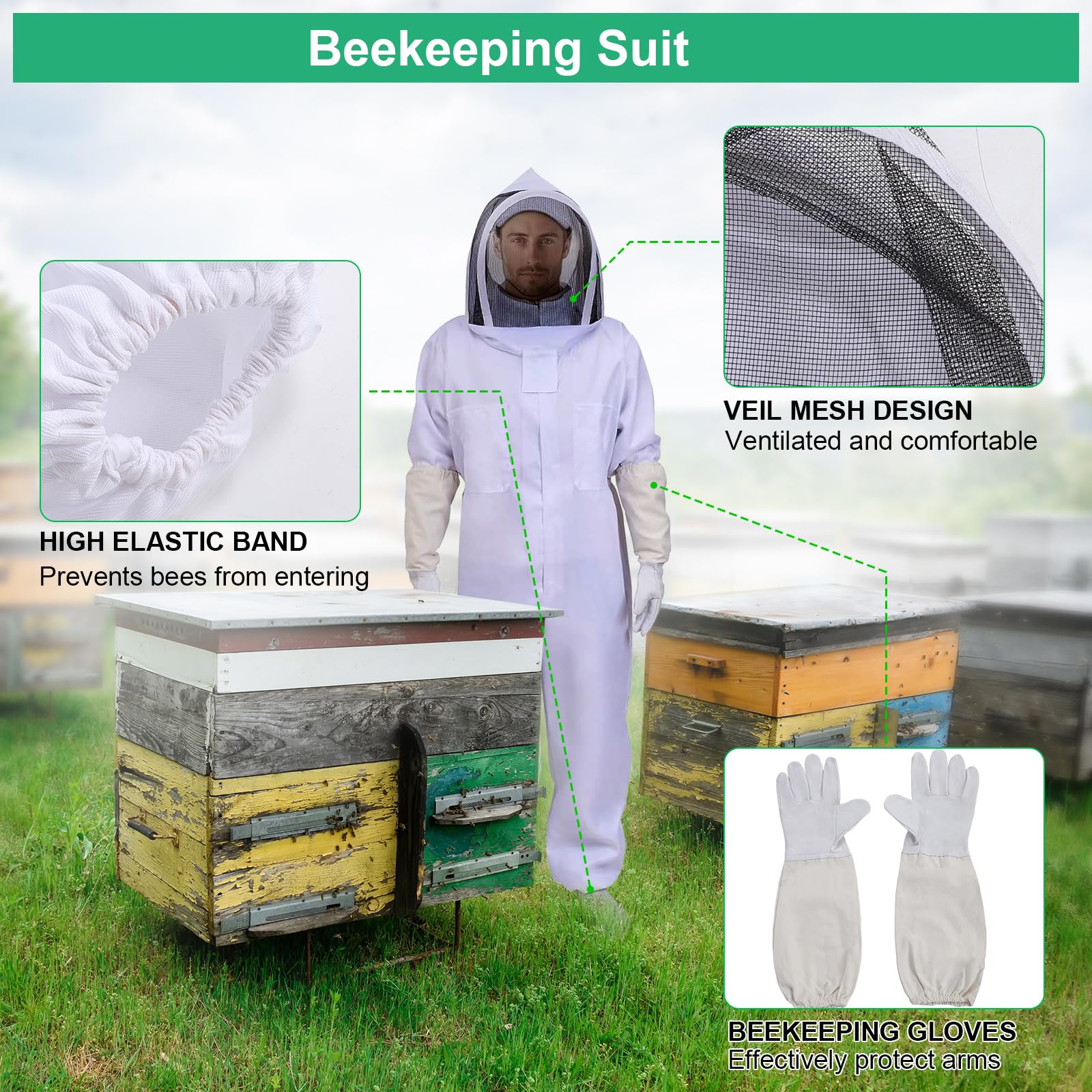 Gugxiom Costume da Apicoltore per Donne e Uomini, Tuta Professionale da Apicoltore con Guanti e Copertura Ventilata, Tuta Completa per Apicoltori Professionisti e Principianti (L)
