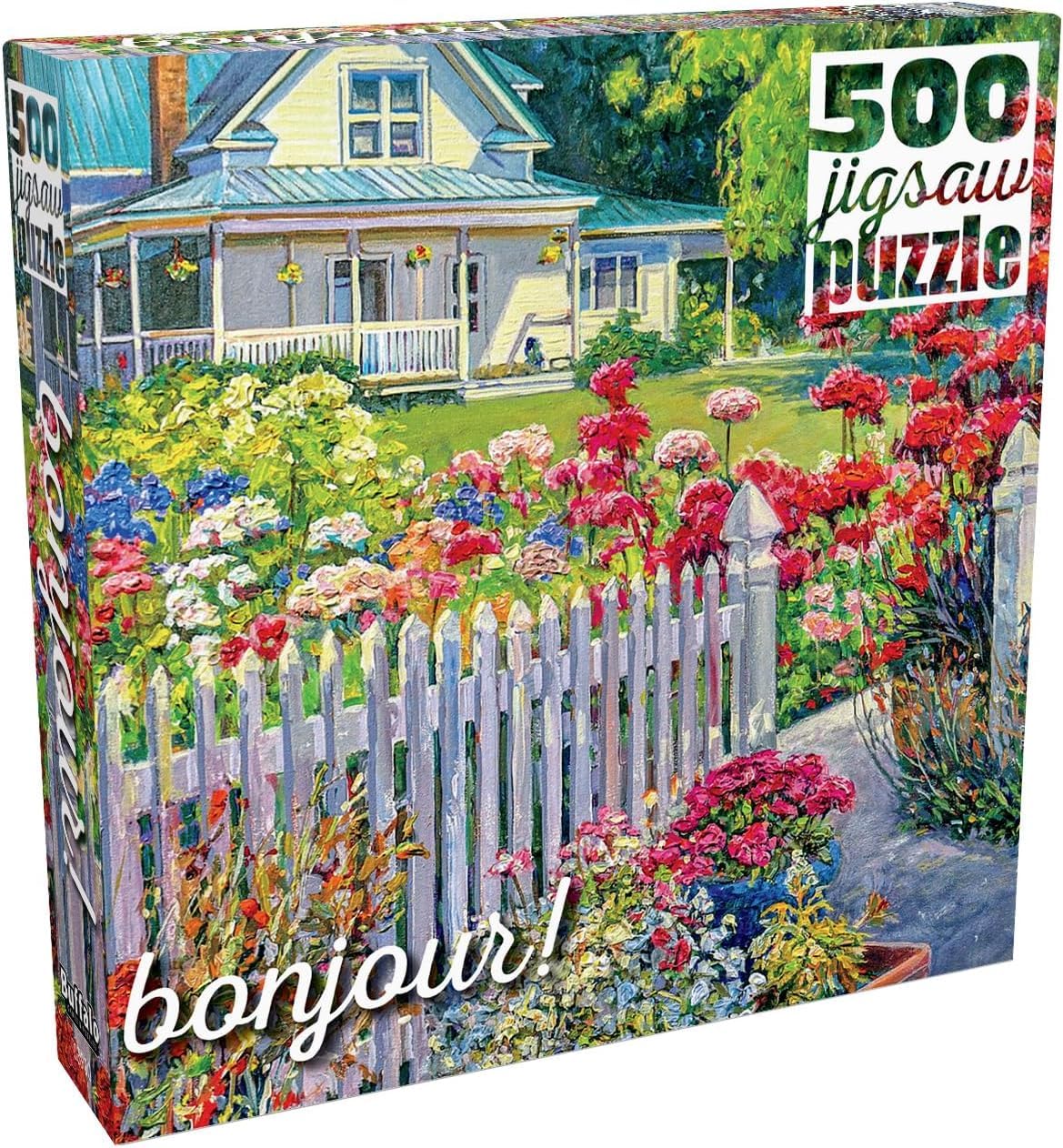 Buffalo Games - Bonjour - John Burrow - Fenceline Garden - 500 Piece Jigsaw Puzzle for Adults -Challenging Puzzle Perfect for Game Nights - Finished Size is 21.25 x 15.00