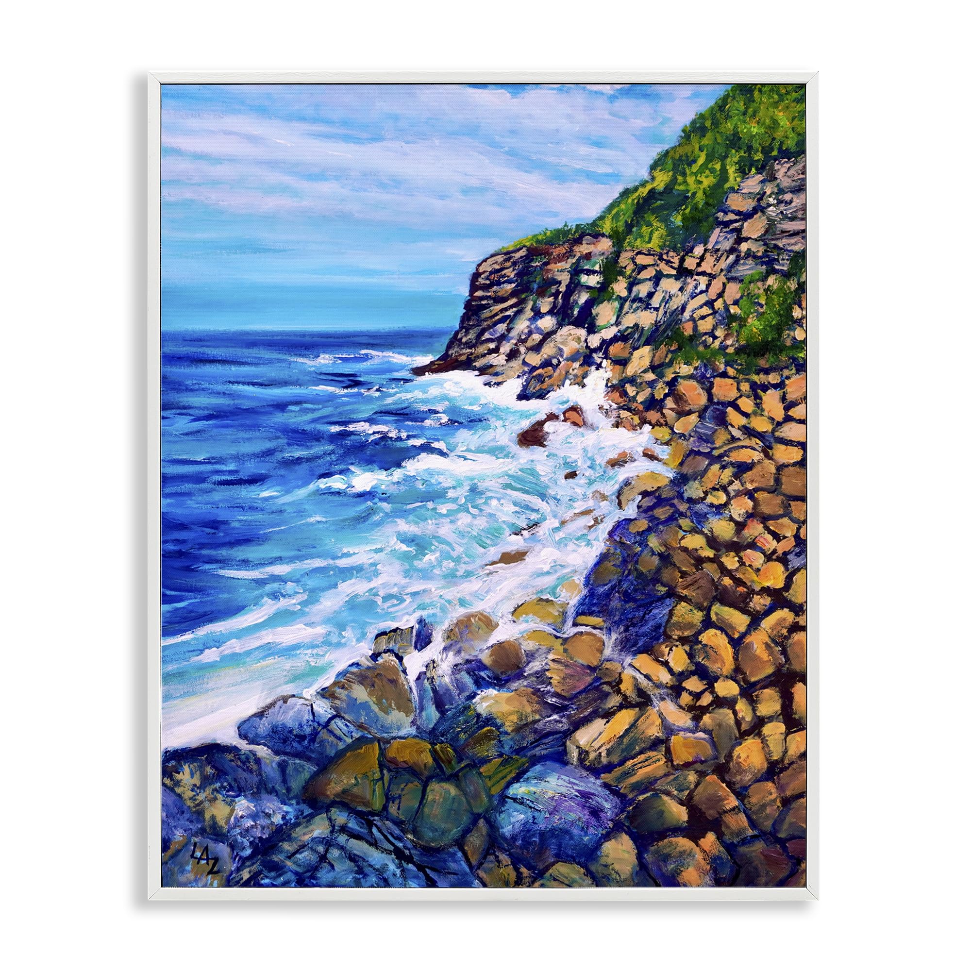 Stupell Industries Coastal White (Textured) Cliffside Ocean Spray Coastal Seascape, 16 X 20 Inch Framed Giclée Print