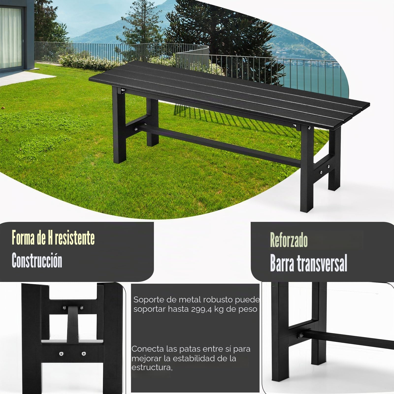 KOMFOTTEU Banco de Jardín de 2 Plazas, Banco de Metal con Carga de 300 kg, Banco de Parque Resistente a la Intemperie, Banco para Jardín, Patio, Balcón, 120 x 36 x 40,5 cm (Negro)