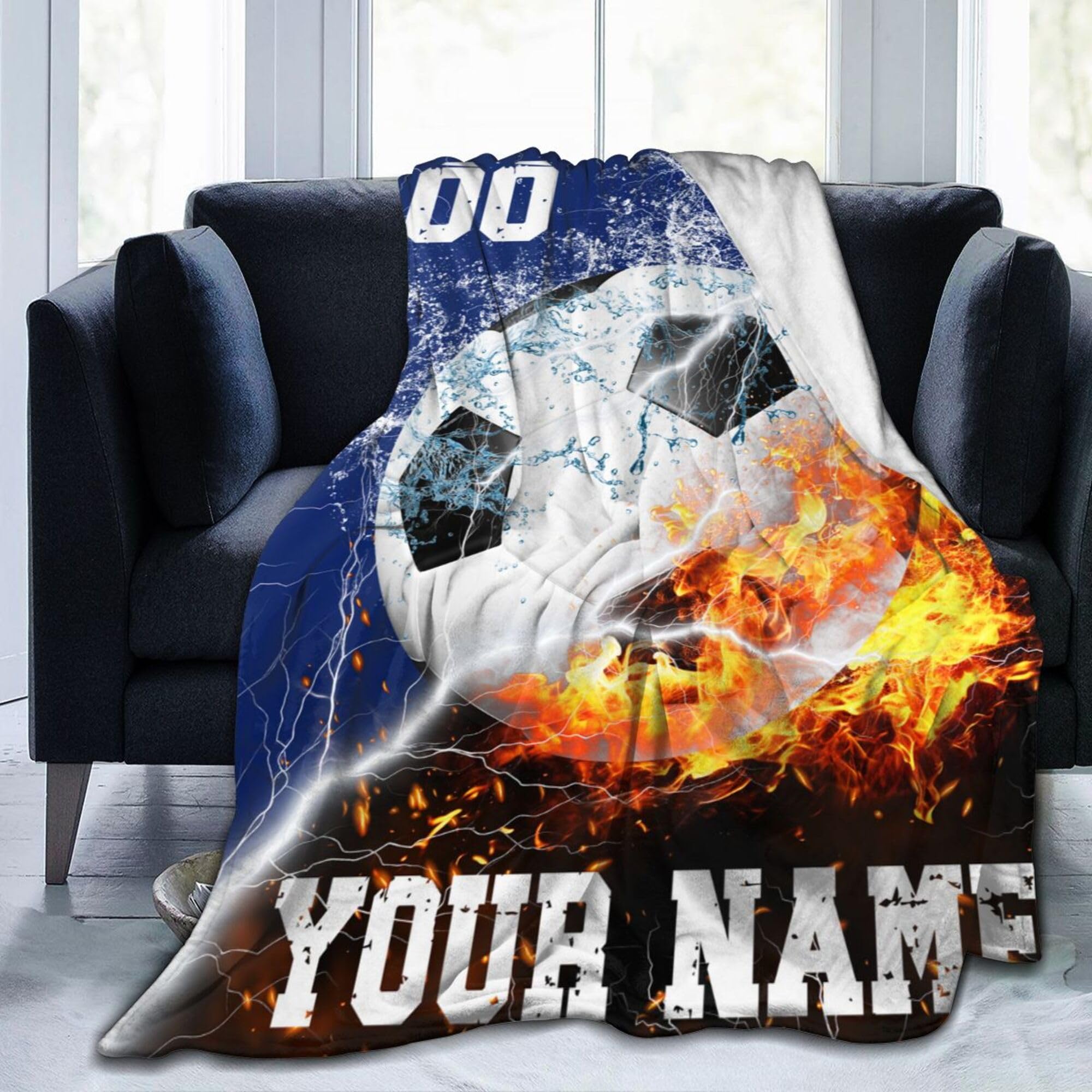 Homieblanket Custom Soccer Blanket with Name No. for Women Men, Personalized Cool Soccer Themed Design Printed Throw Blankets for Teens Adults Lap, Chair Sofa, Giftable Blanket, 50