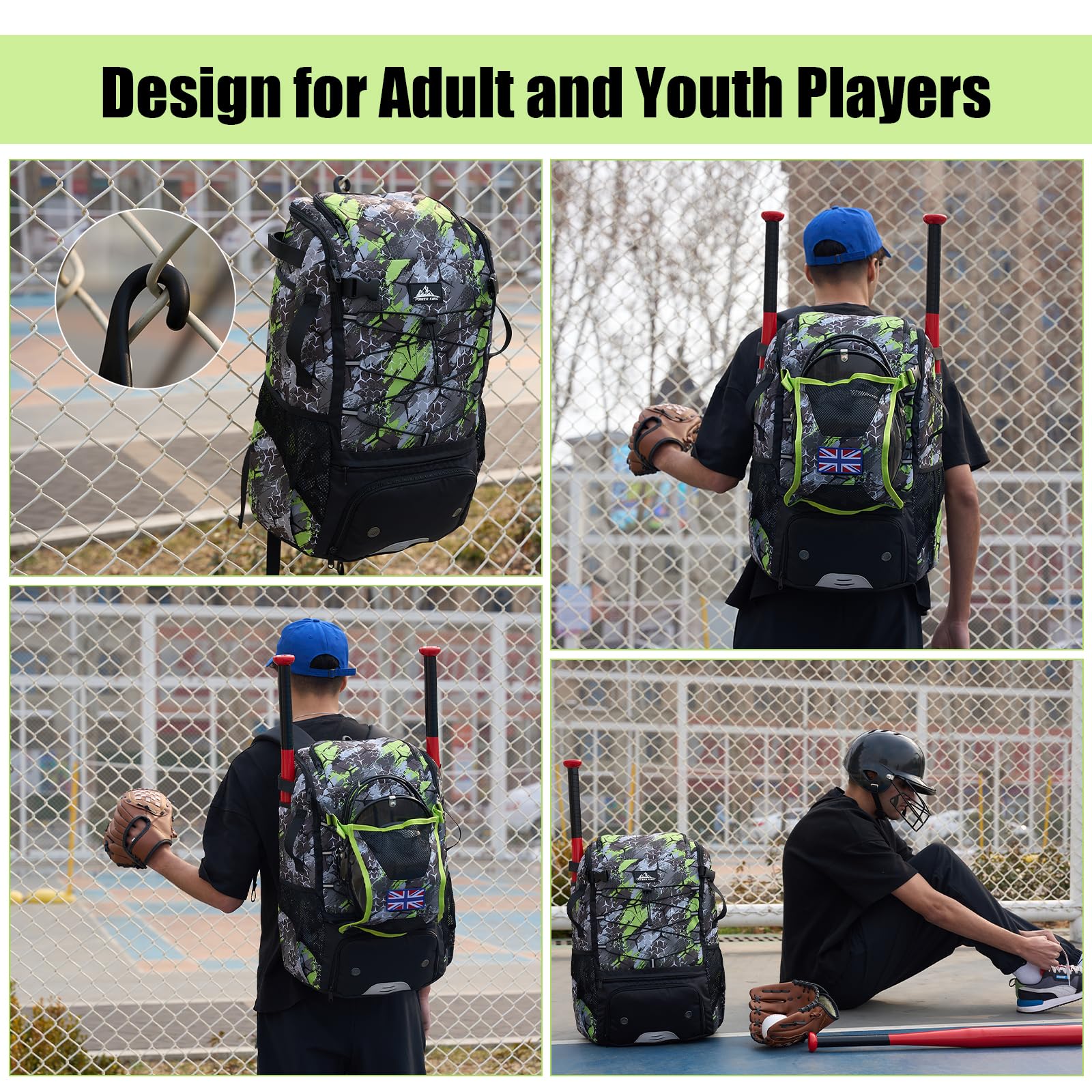 POWER KING 45L Youth Baseball Bat Bag, Large Capacity Backpack for Baseball, T-Ball & Softball Equipment & Gear with Shoe Compartment | Fence Hook | Helmet Holder