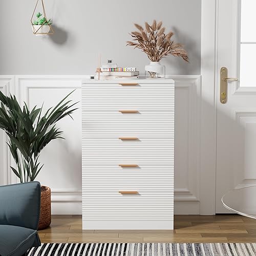 Miniatura 6 de Cómoda moderna de 5 cajones, cómoda alta con almacenamiento, cómoda de madera con asas integradas, armario de almacenamiento de gran capacidad para