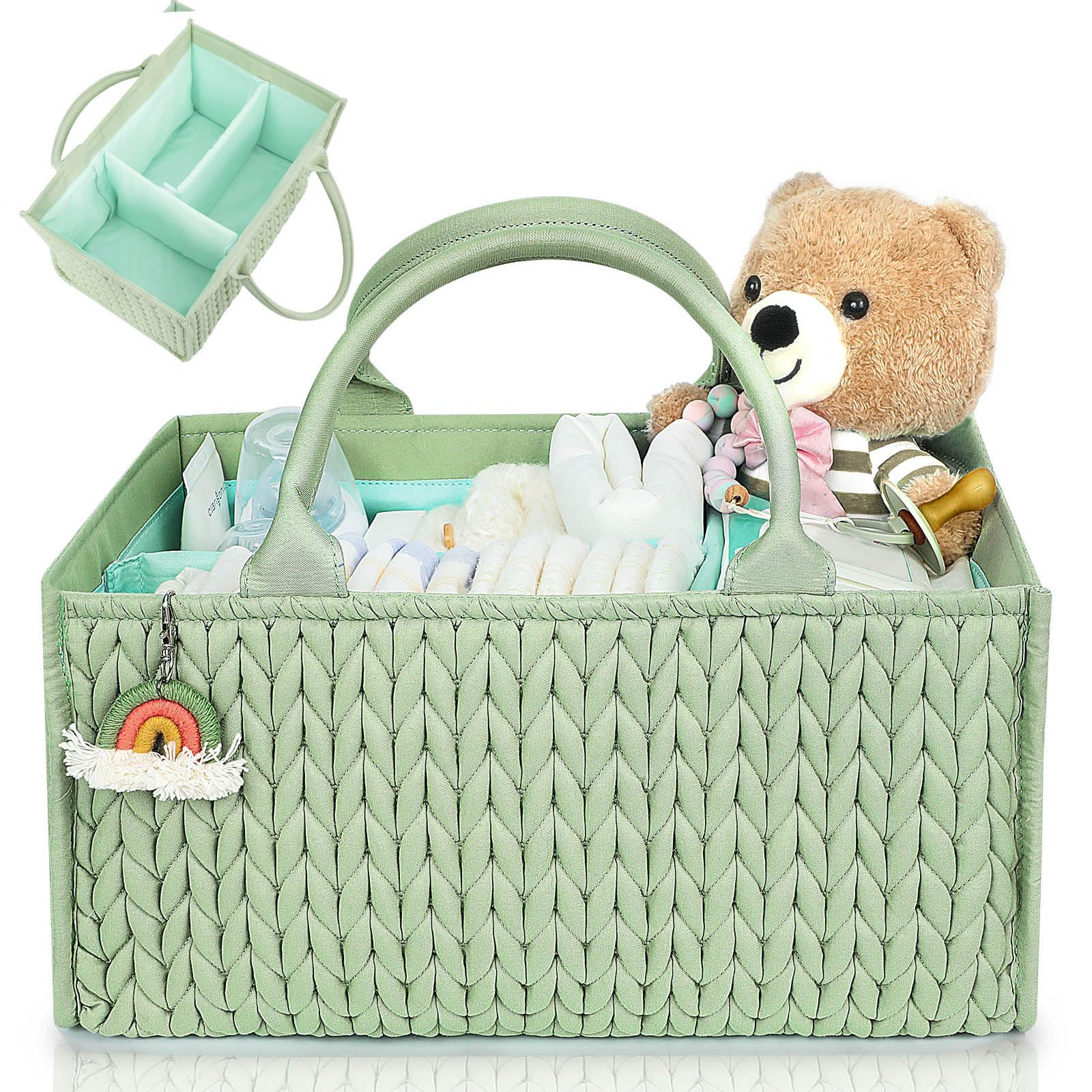 MOMINSIDE Baby Diaper Caddy Organizer,Nursery Storage Bin Basket for Changing Table Car, Portable Diaper Storage for Girl Boy, Baby Registry, Baby Shower Gifts, Newborn Essentials(Fair Green)