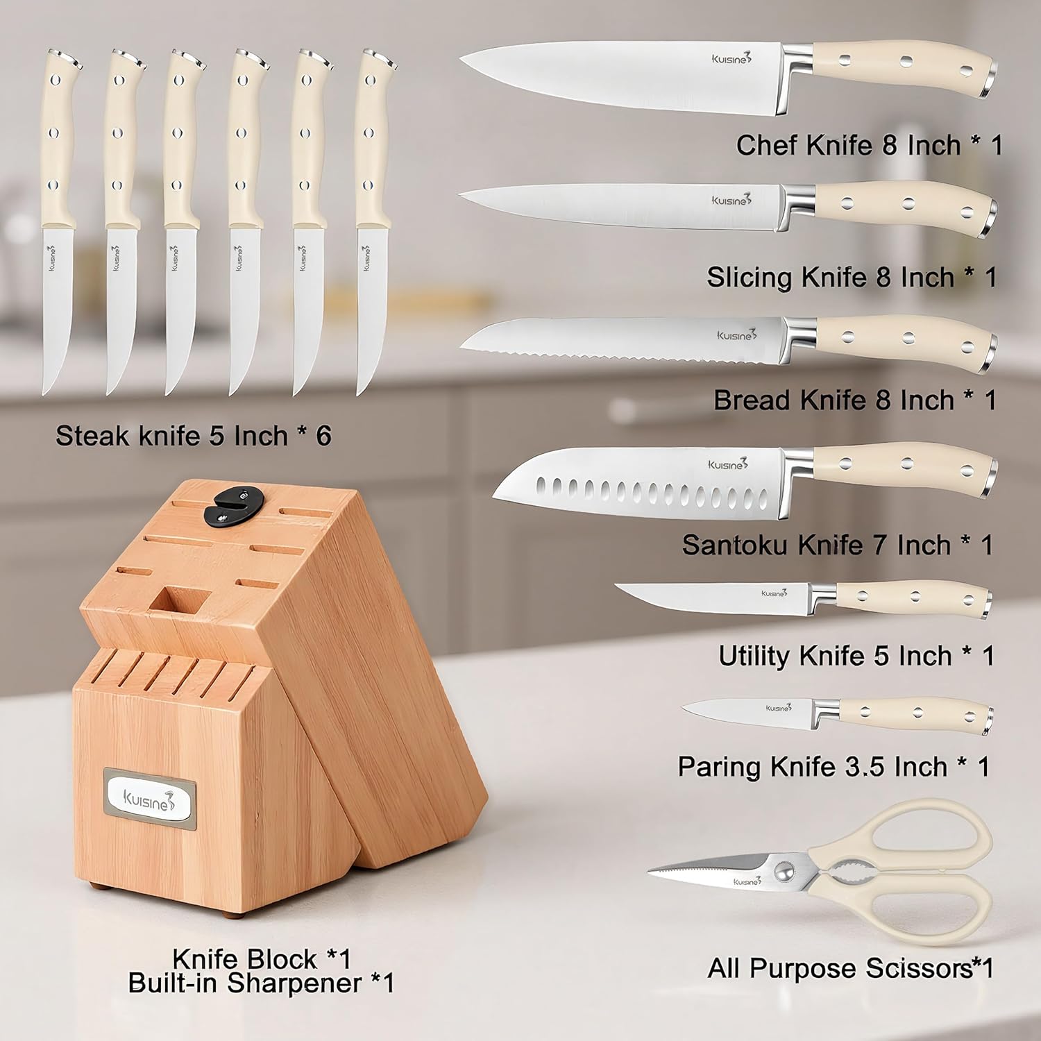 KUISINE Upgraded Knife Set High Carbon Stainless Steel Ultra Sharp Blade Ergonomic Handle,Knife Block Set with Built-in Sharpener(Ivory Acacia,15PCS) - Image 2