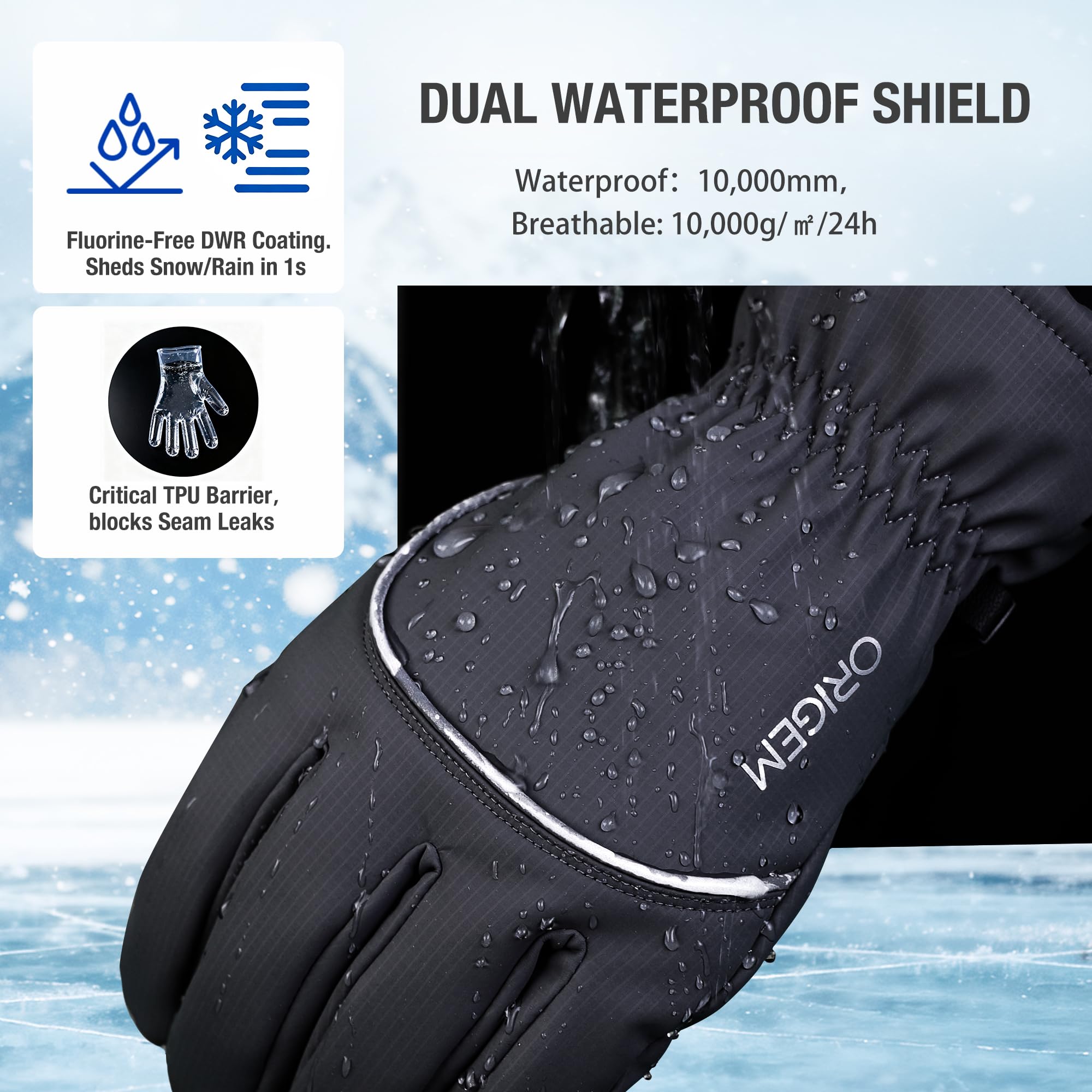 Origem Guanti Invernali Termici Uomo Donna, 3M Thinsulate Touchscreen Impermeabili Guanti Moto Sci Neve con Riflettenti per Bici Ciclismo Scooter Motocross Calcio Corsa Running sportivi snowboard