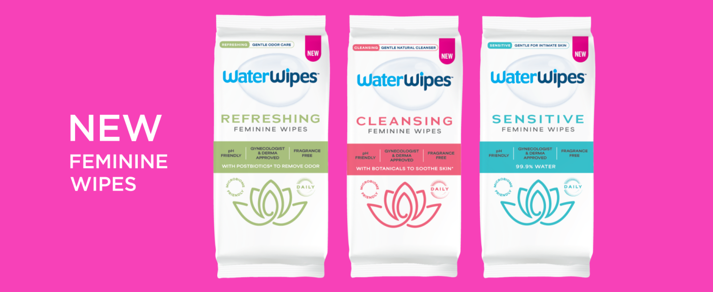 WaterWipes Sensitive Feminine Wipes, 99.9% Purified Water, pH Friendly for Daily Intimate Care, Gynecologist Approved, Fragrance Free, 50 Count (5 Packs)