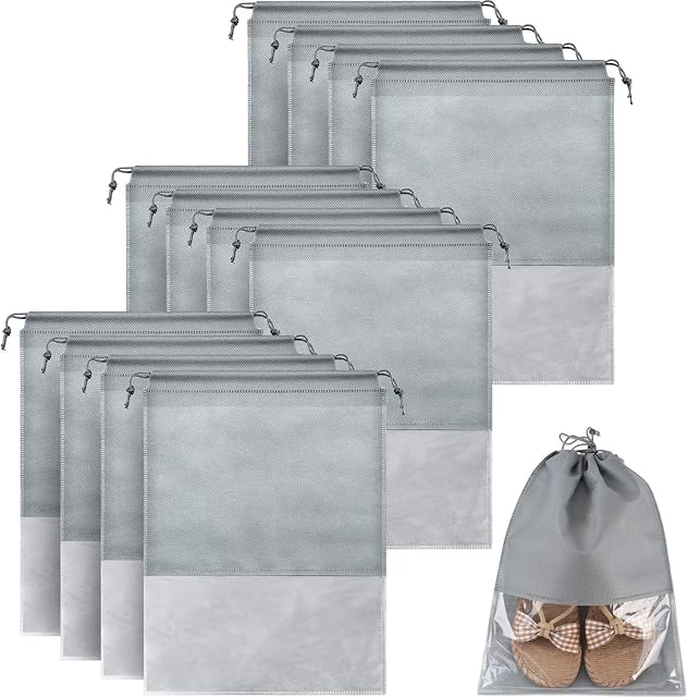 SATINIOR 12 Pieces Travel Shoe Storage Bag Non-Woven Storage Bag Portable Shoes Pouch with Transparent Window for Daily and Travel Use (Grey, 14.2 x 10.6 inch)
