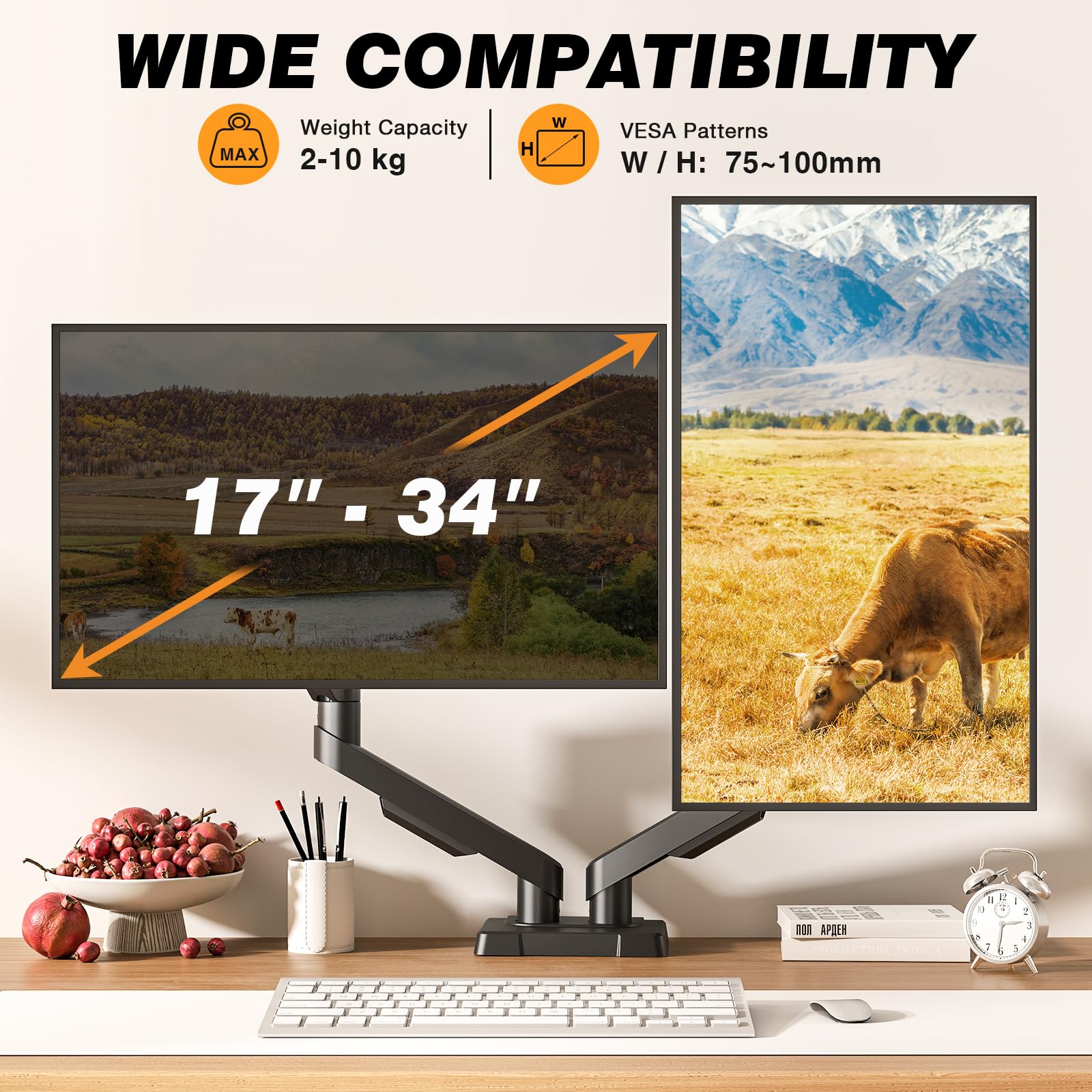 TVON Support Ecran PC 2 Ecran de 17 à 35 Pouces Bras Ecran PC Réglable en Hauteur avec Inclinaison Rotation Swivel VESA 75/100mm Capacite de Charge 2-10kg
