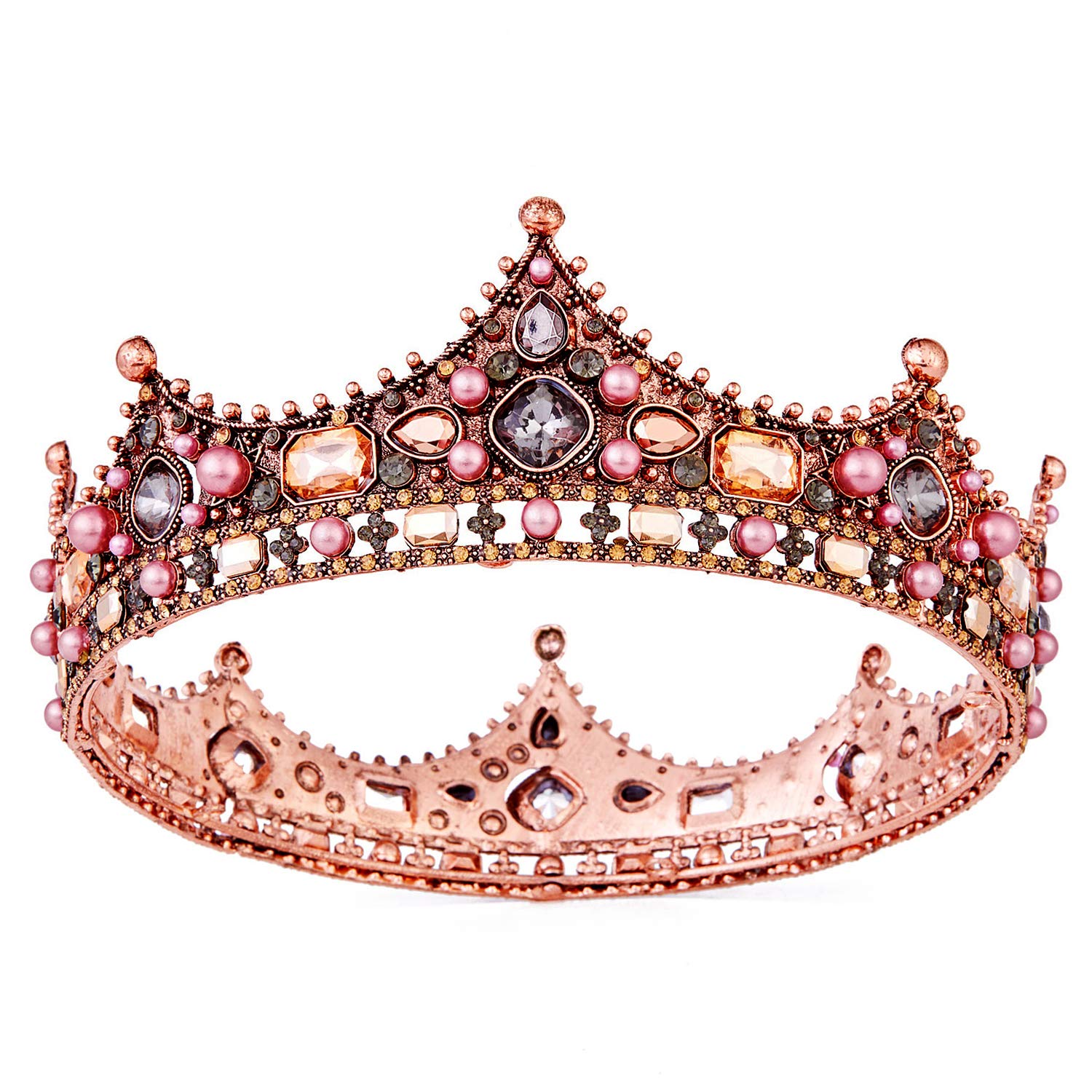Vinsco Baroque Crown Vintage Round Full Size Tiara Luxury Retro Headband Crystal Rhinestone Beads Hair Jewellery Decor for Queen Women Ladies Girls Bridal Bride Princess Birthday Wedding Pageant Party