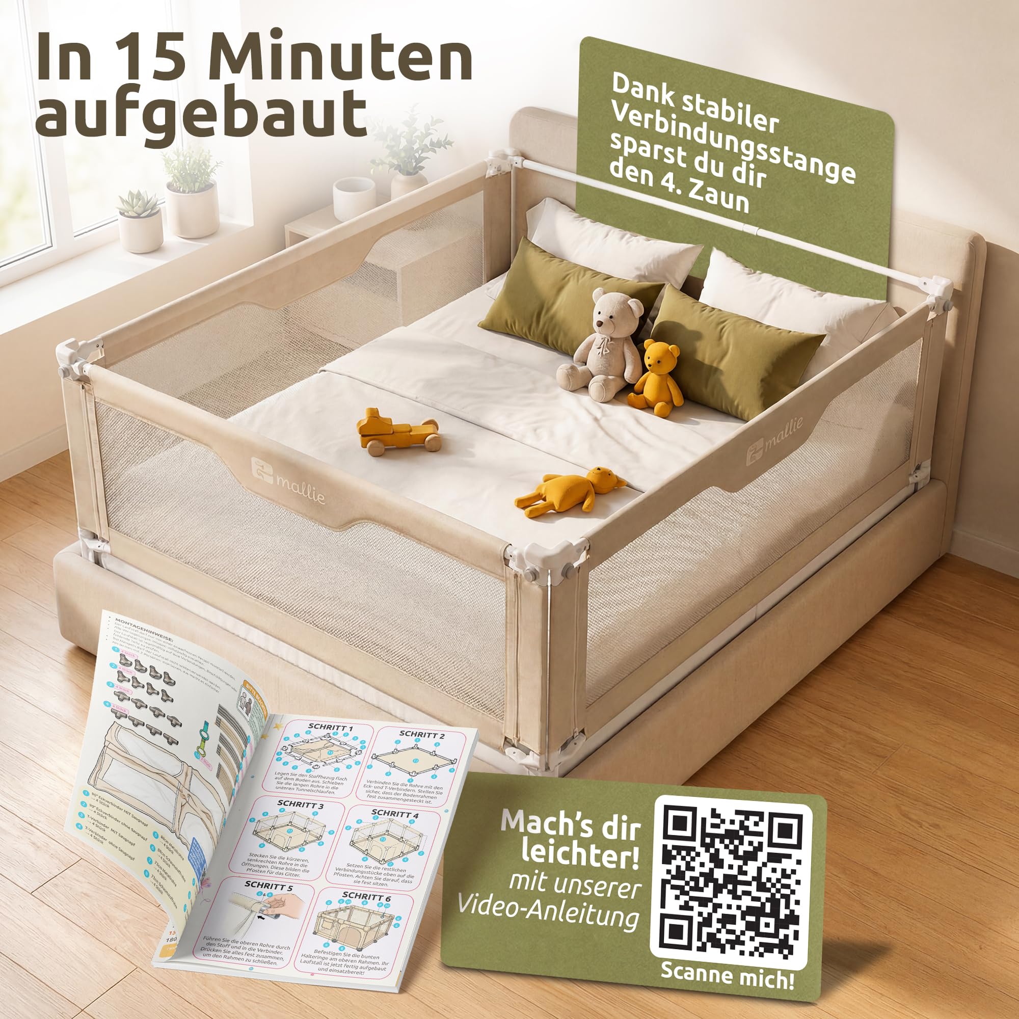 Mallie® Rausfallschutz Boxspringbett 180x200cm Elternbett Beige | 3-seitiges Set mit MALLIEFIX 2.0 Click-System, extra hoch | Bettgitter & Bettschutzgitter für Baby & Kinder