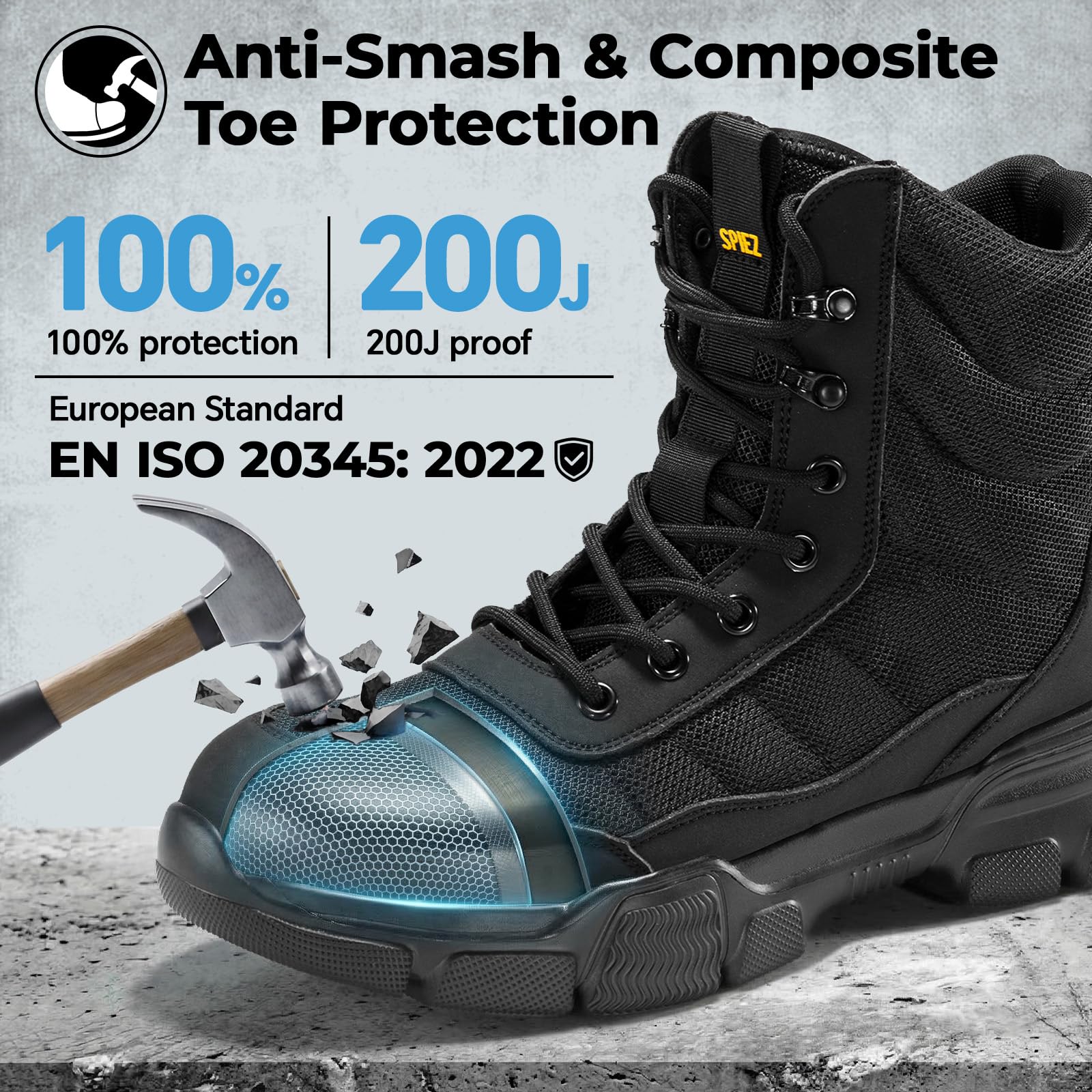 SPIEZ Botas de Seguridad Hombre SB PL, Ligeras Botas de Trabajo con Cremallera, Cómodos Zapatos de Seguridad con Puntera de Acero, Negro