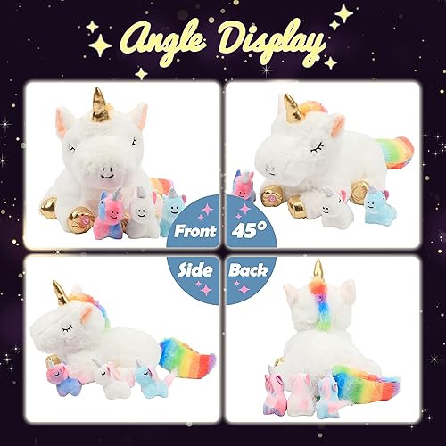 Miniatura 3 de Hopearl Unicornio de peluche LED con iluminación, unicornio mamá con 3 unicornios bebés en su barriga, juego de peluches flexibles con luces de