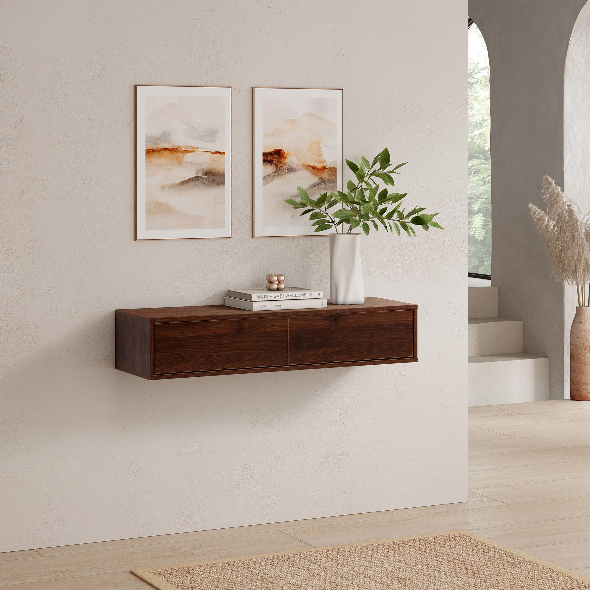 HOMN LIVING Console Suspendue pour entrée Auri 2 tiroirs Couleur Noyer, 100 cm (Largeur) 30 cm (Profondeur) 20 cm (Hauteur)