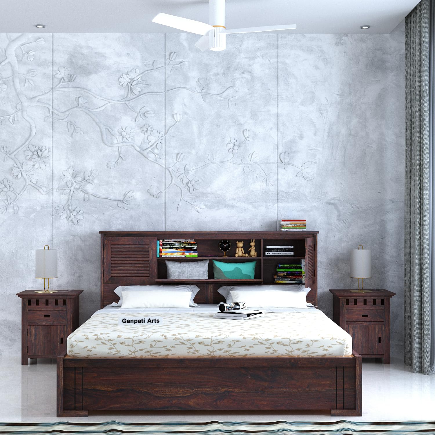 Ganpati Arts Maharaja Groove Solid Sheesham Wood King Size Bed with Box and Headboard Storage Wooden Double Bed Cot Palang Furniture for Bedroom Living Room Home (Walnut Finish)