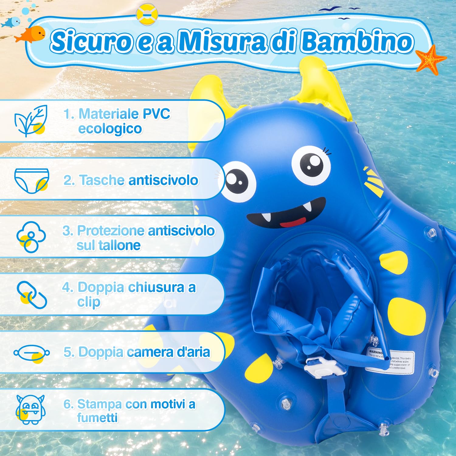 Salvagente Neonato con Parasole, Ciambella Neonato Mare UPF50+ Protezione UV, Anti-Ribaltamento, Sedile di Sicurezza Regolabile, Salvagent Gonfiabile Piscina per Bambini da 10 a 36Mesi