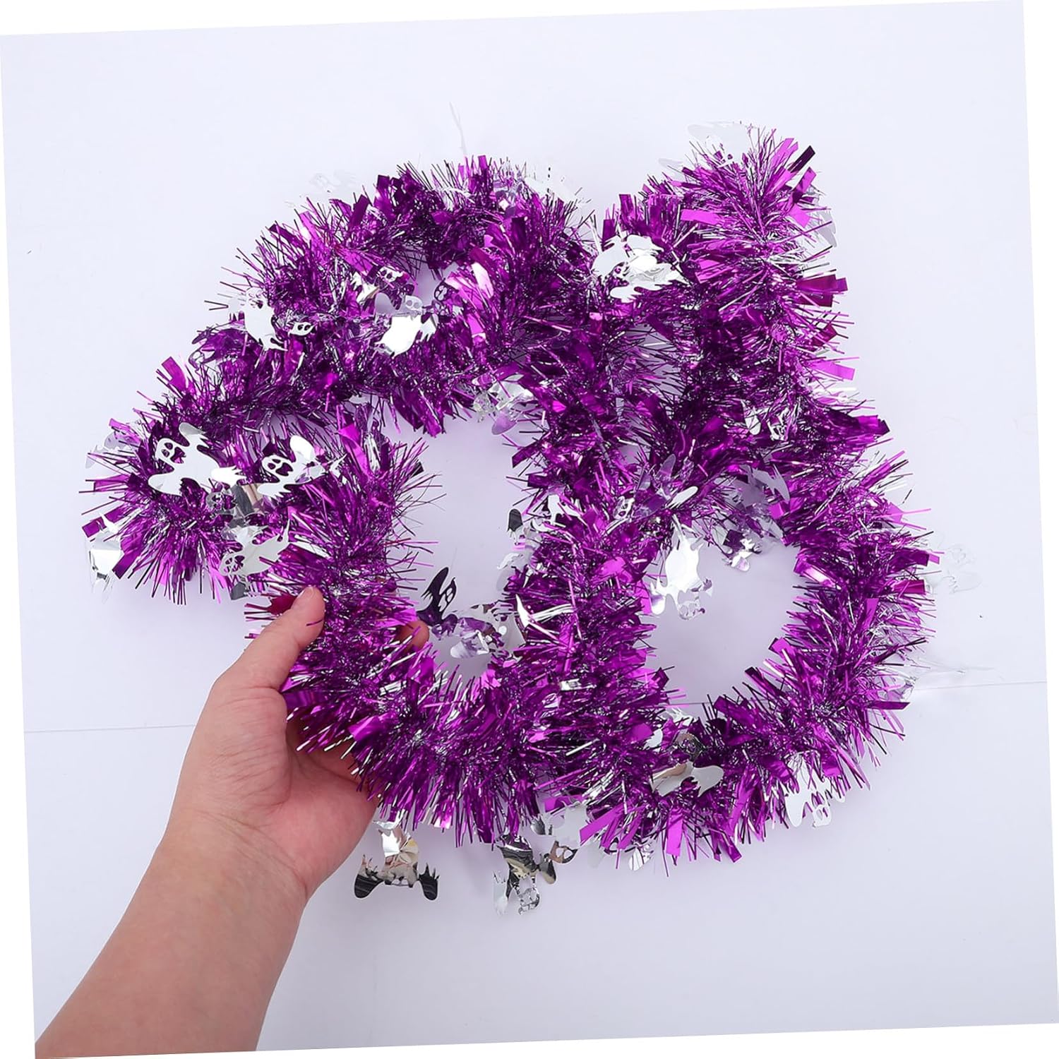 BESPORTBLE 5pcs Halloween Ghost Tinsel Garland Metallic Twist Foil Hanging Decorations for Ceiling Fireplace Party Supplies Easy to Install Reusable Rosy Silver