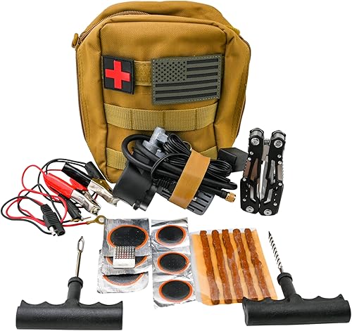 Motocicleta, ATV, UTV Kit de reparación plana de tubo sin cámara Kit de reparación de neumáticos con mini compresor de aire