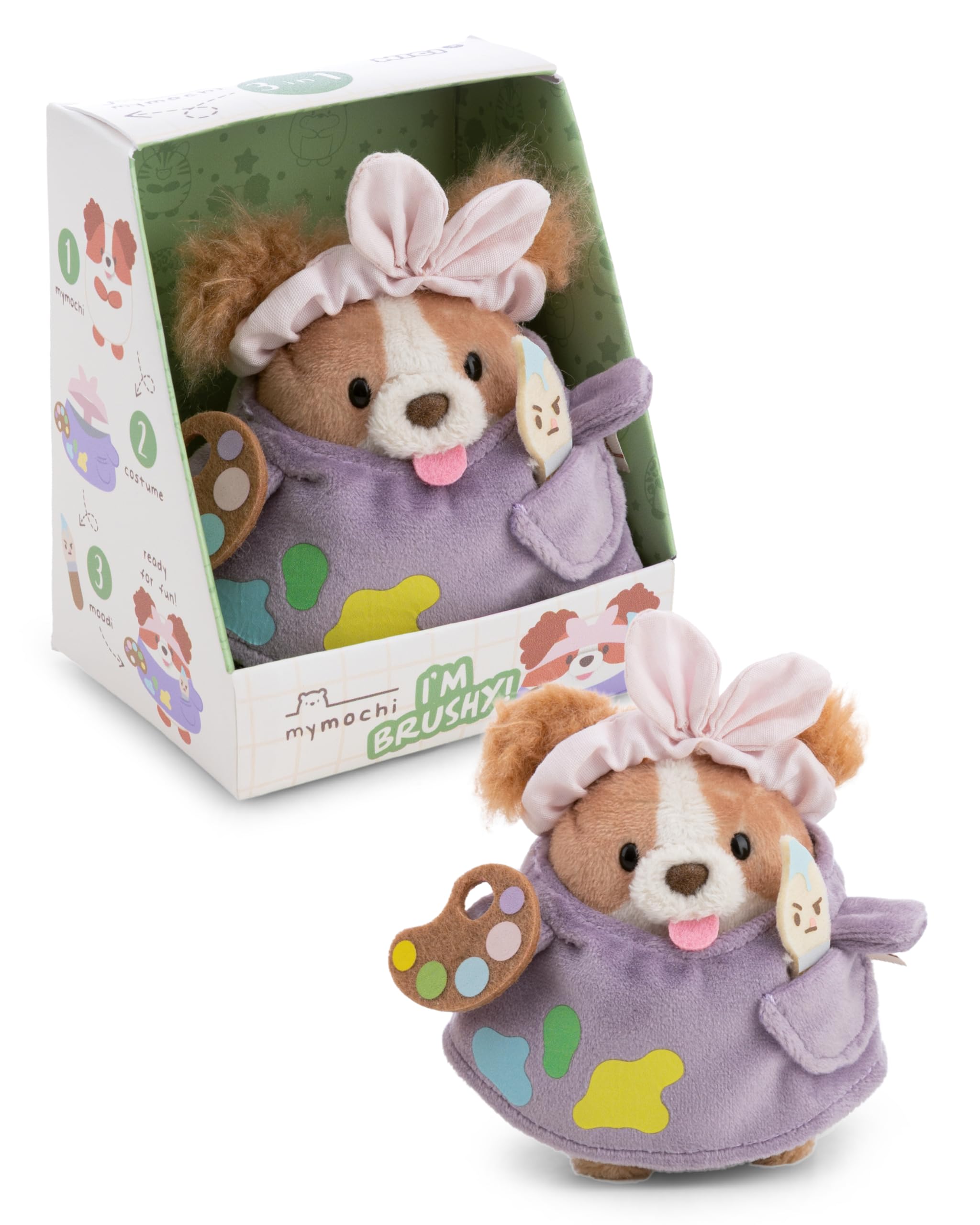 NICI Set Kuscheltier Spaniel Brushy 8cm mit Pinsel & Malerkostüm in Geschenkbox 8,5x6,5x10cm - braun - mymochi Stofftier im Kawaii-Design, weich und kuschelig für Kinder & Erwachsene - 62905