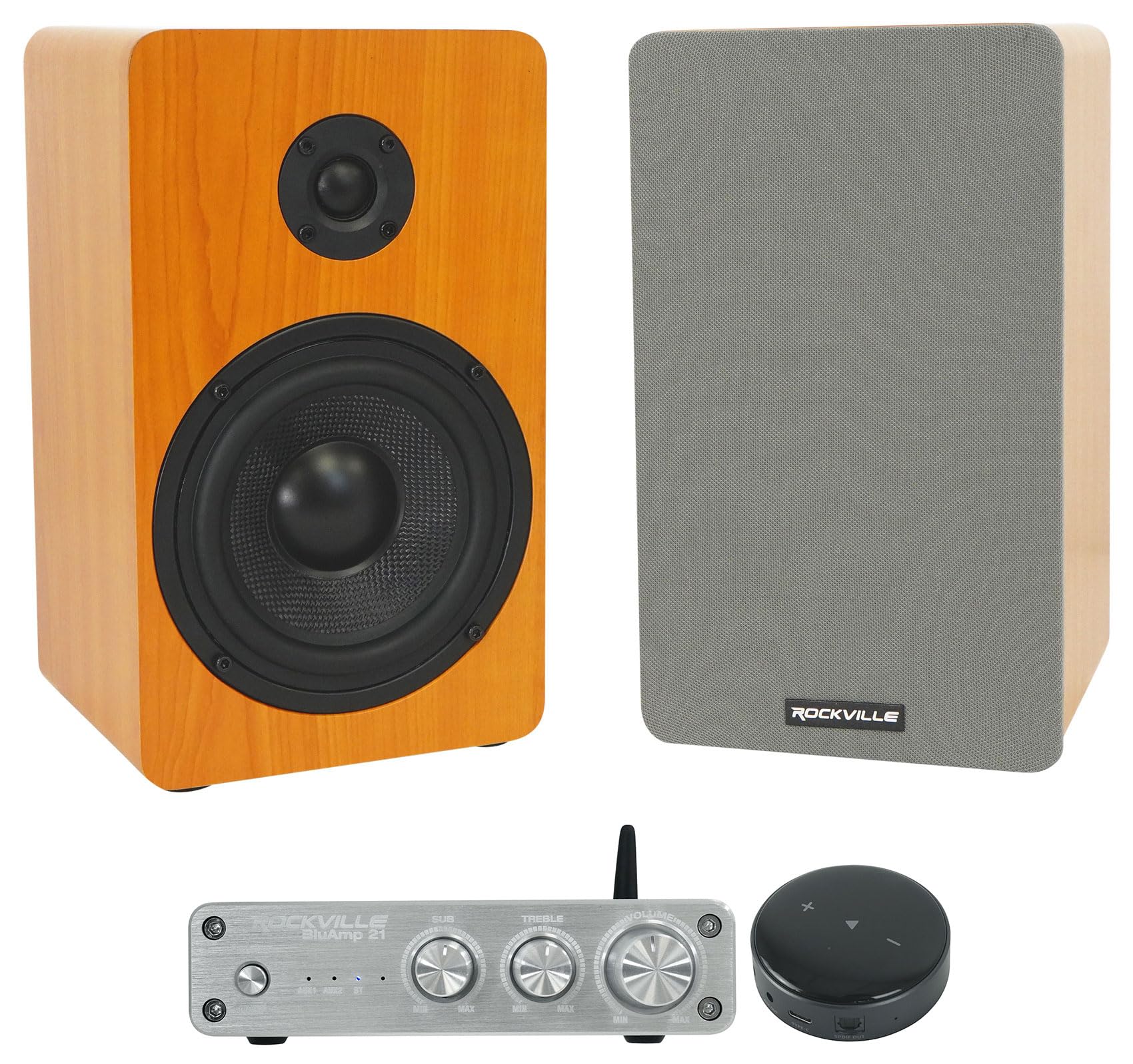 (1) Rockville BLUAMP 21 2.1 Channel Bluetooth Home Audio Amplifier Bundle with (1) Pair Rockville RockShelf 54C 360w Wood 5.25