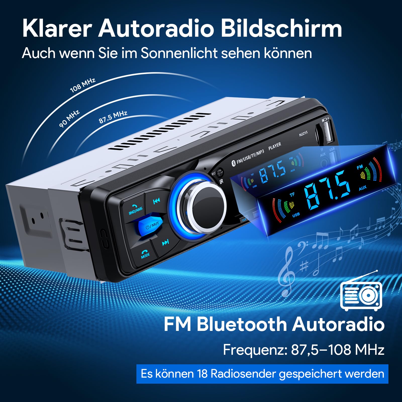 Autoradio Bluetooth,CENXINY Auto Radio Bluetooth 1Din Autoradio FM 2USB/AUX/SD Karte/MP3-Player Fernbedienung, Unterstützung für iOS/Android