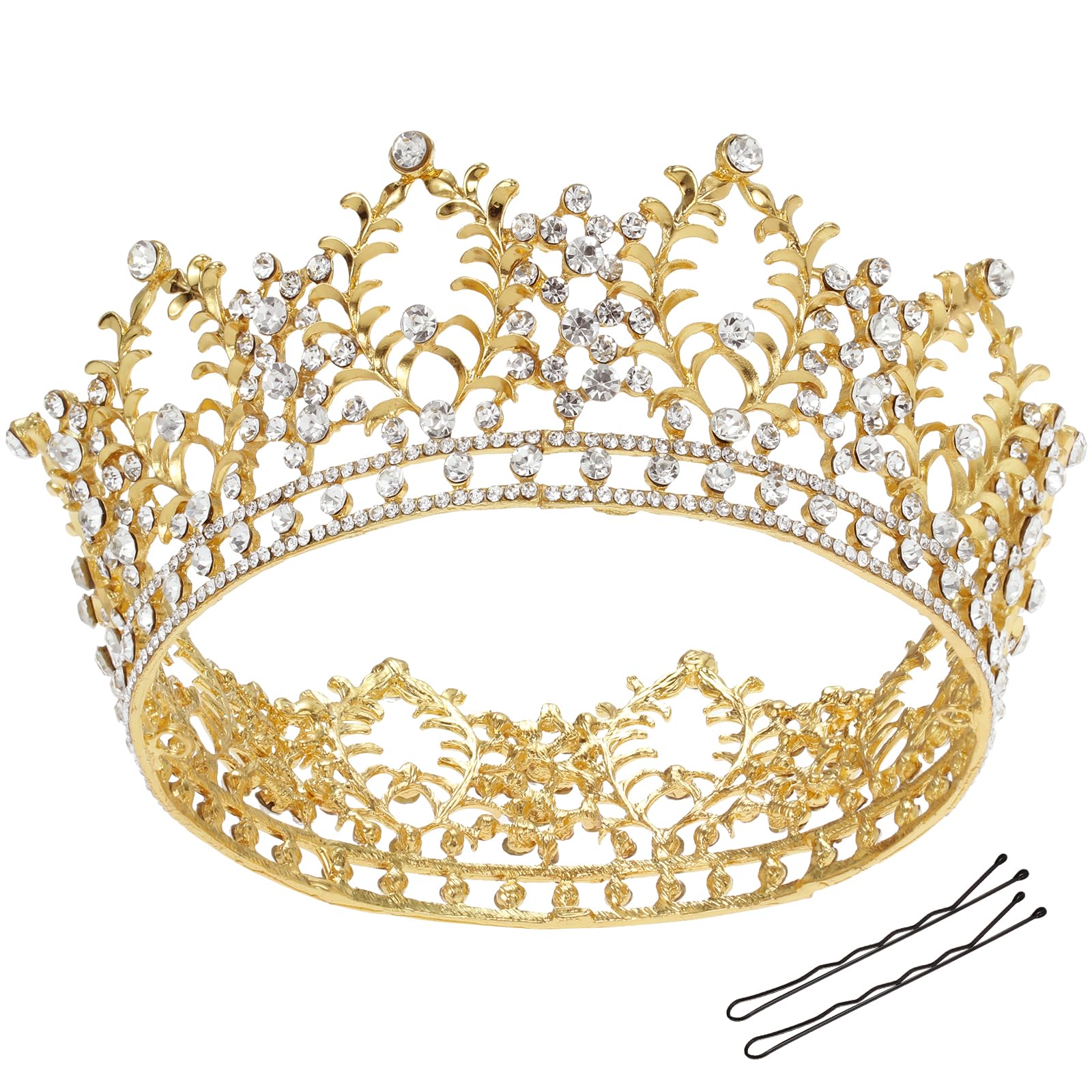FRCOLOR Jeweled Baroque Queen Gold Princess Crown Vintage Crystal Diamond Wedding Crowns and Tiaras Costume Party Hair Accessories for Women