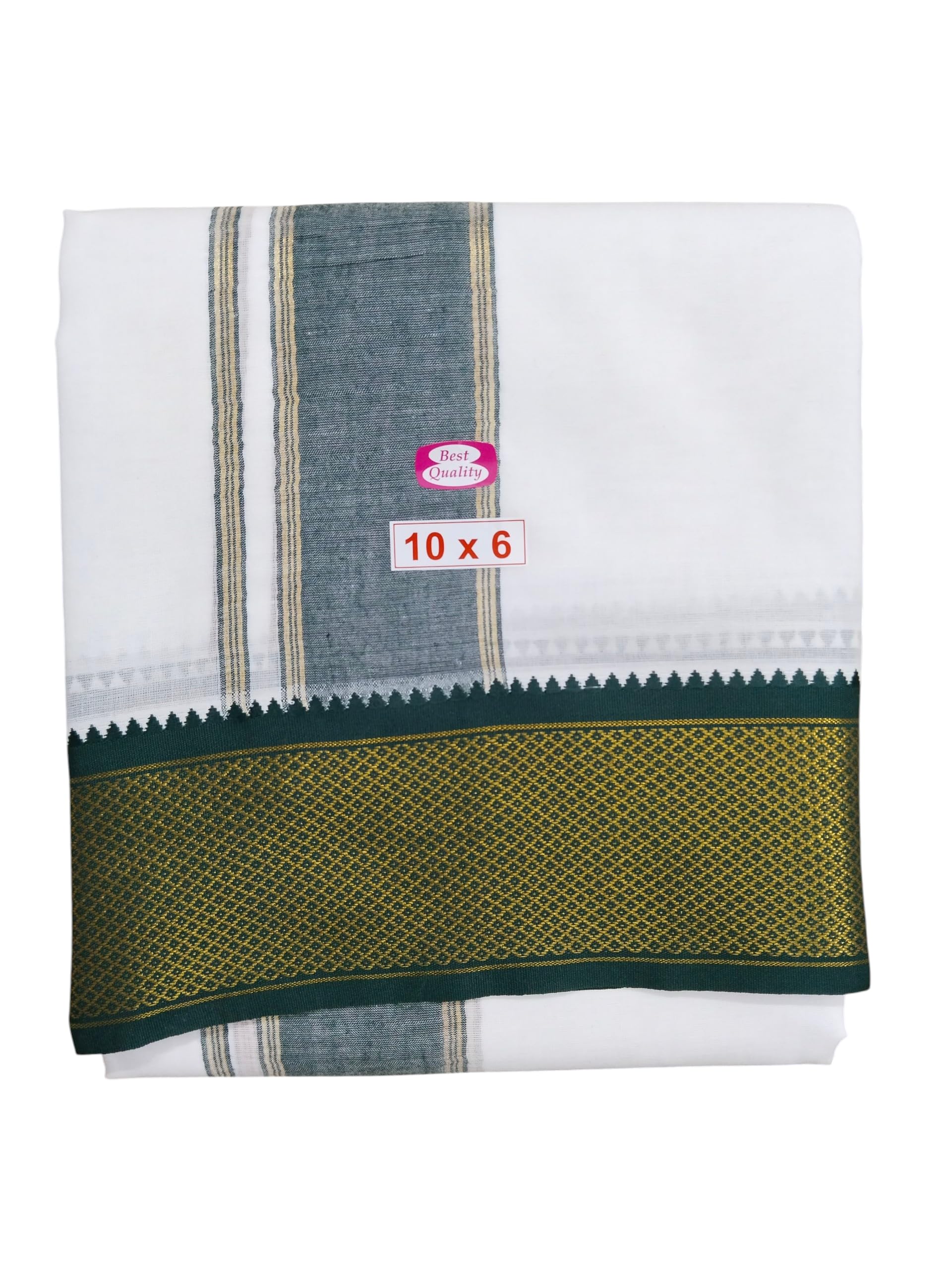 sri raajam textiles Traditional Mens Pure Cotton 16 Mayilkan Dhoti with Angavashtram, 10x6 Size, Green & Maroon-Gold Zari Border, Cream Off White Colour, 4.5 Metres Dhoti with 2.75 Metres Angavashtram,10+6 Panchakecham-picture-32