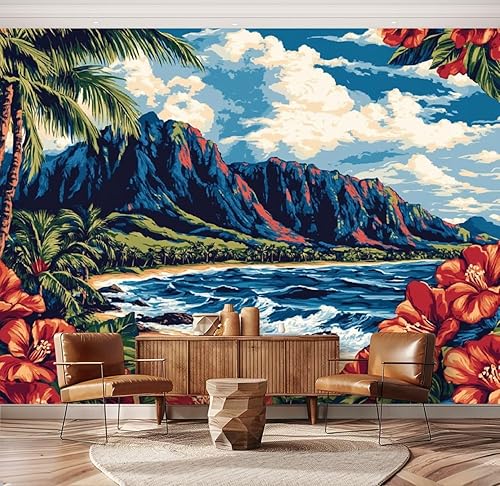 Miniatura 17 de Hawaii - Mural de pared retro exótico exótico tropical con olas de playa, paisaje, vintage, despegar y pegar, autoadhesivo, extraíble, adhesivo de