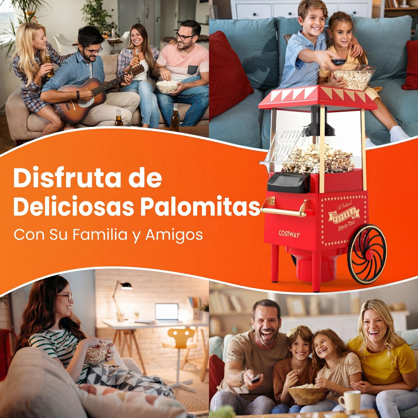 LIFEZEAL 1200 W Palomitero Eléctrico Retro, Máquina de Palomitas Maíz con Vaso Medidor para Granos, Capacidad de 12 Tazas, Aire Caliente sin Aceite, Palomitera de Encimera para Casa, Cine, Fiesta