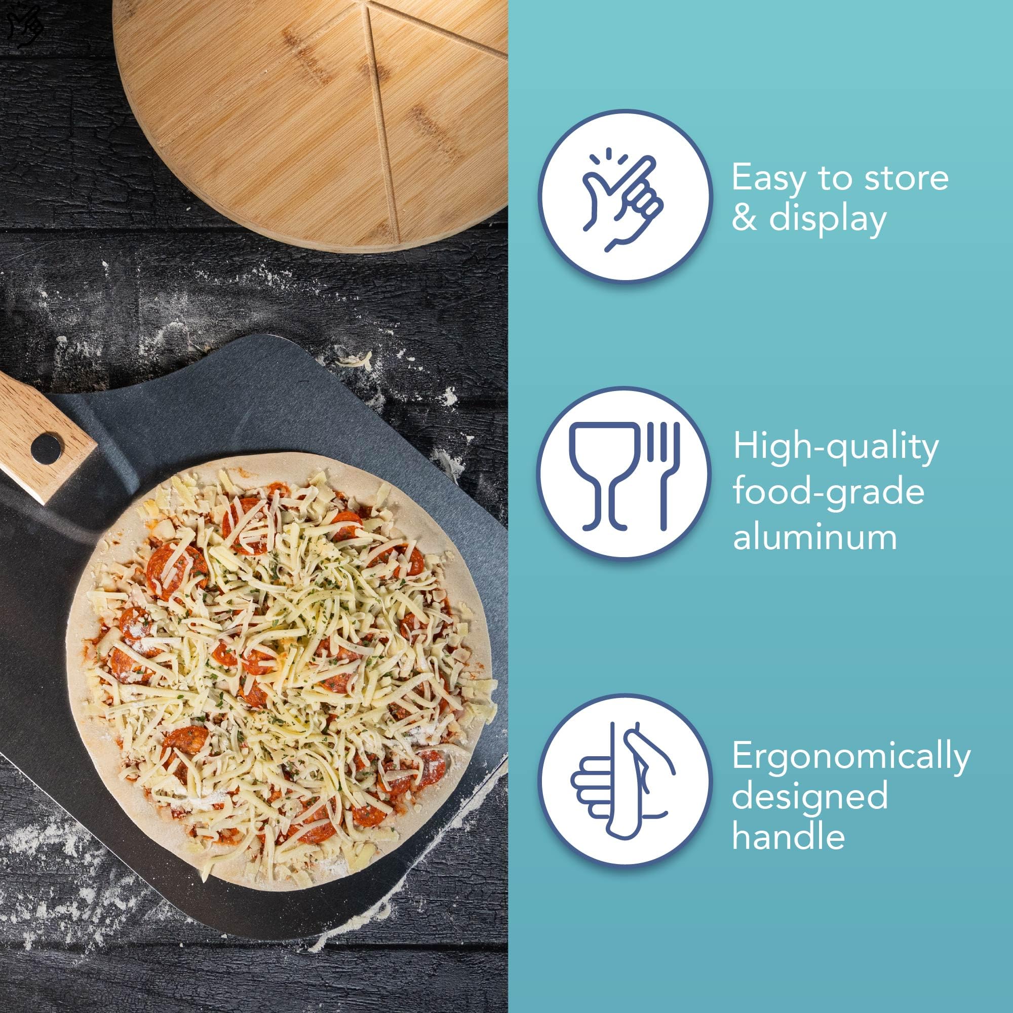 HEFTMAN Łopatka do pizzy 30 cm, aluminiowa łopatka do pizzy ze składanym drewnianym uchwytem dla łatwego przechowywania - do piekarnika, grilla, pieczenia chleba