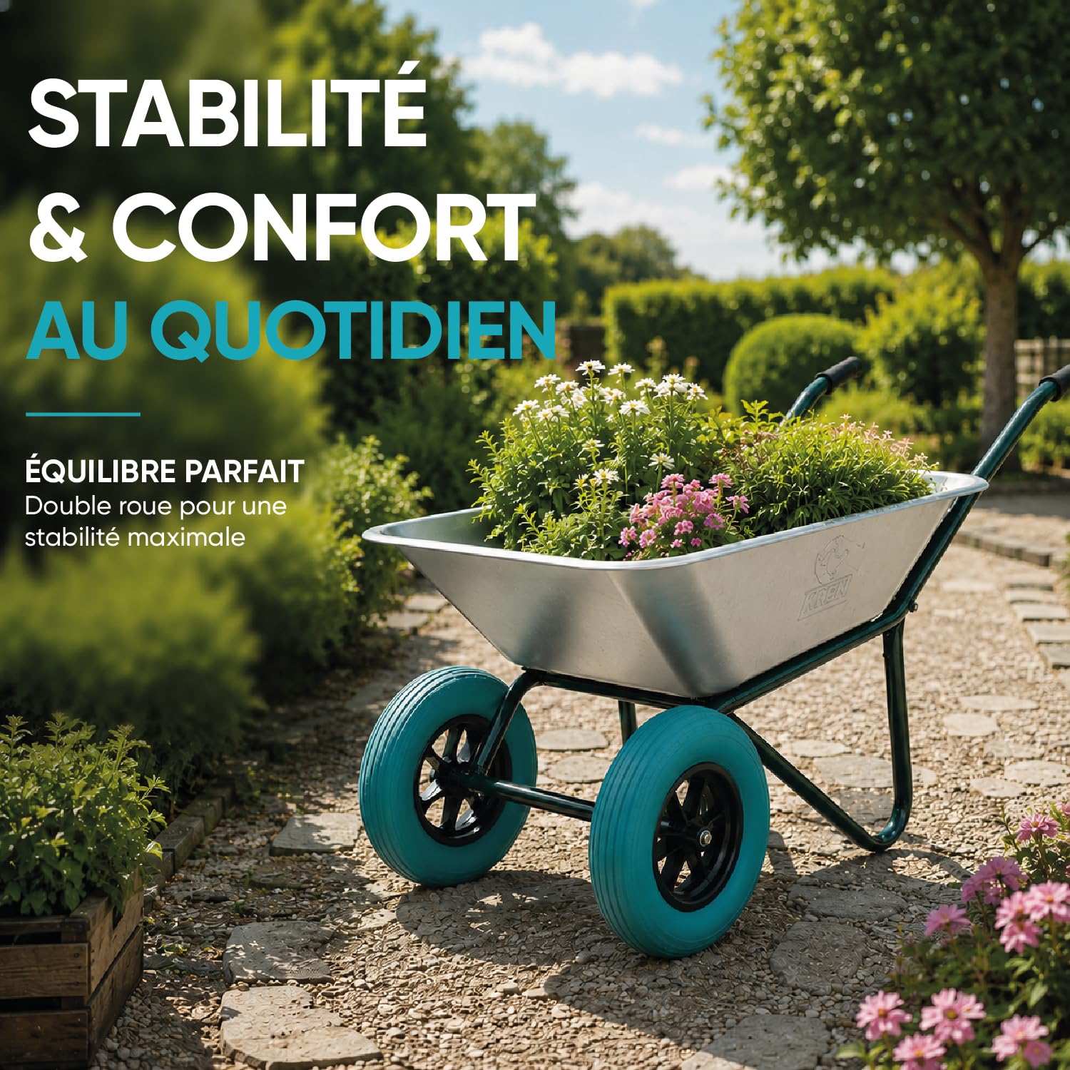 KELI - Brouette 2 Roues Increvables, 110L, Chariot de Transport, Poignées Ergonomiques, Usage Intensif, Acier Galvanisé