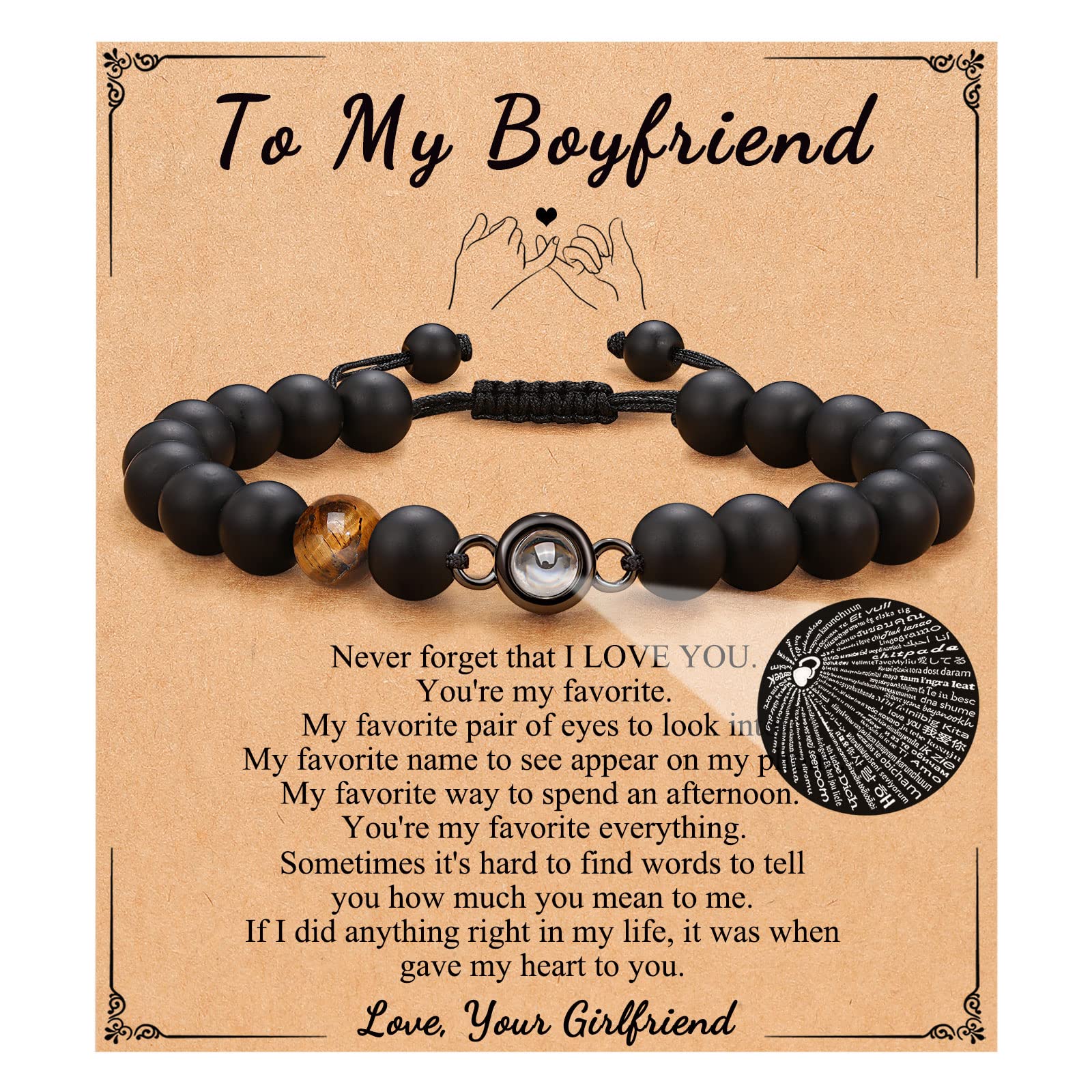 Gifts for Husband, Son, Grandson, Nephew, Dad, Boyfriend, New Dad, Brother, Stepdad, Uncle, I Love You in 100 Languages Adjustable Bracelet for Men Teen Boys