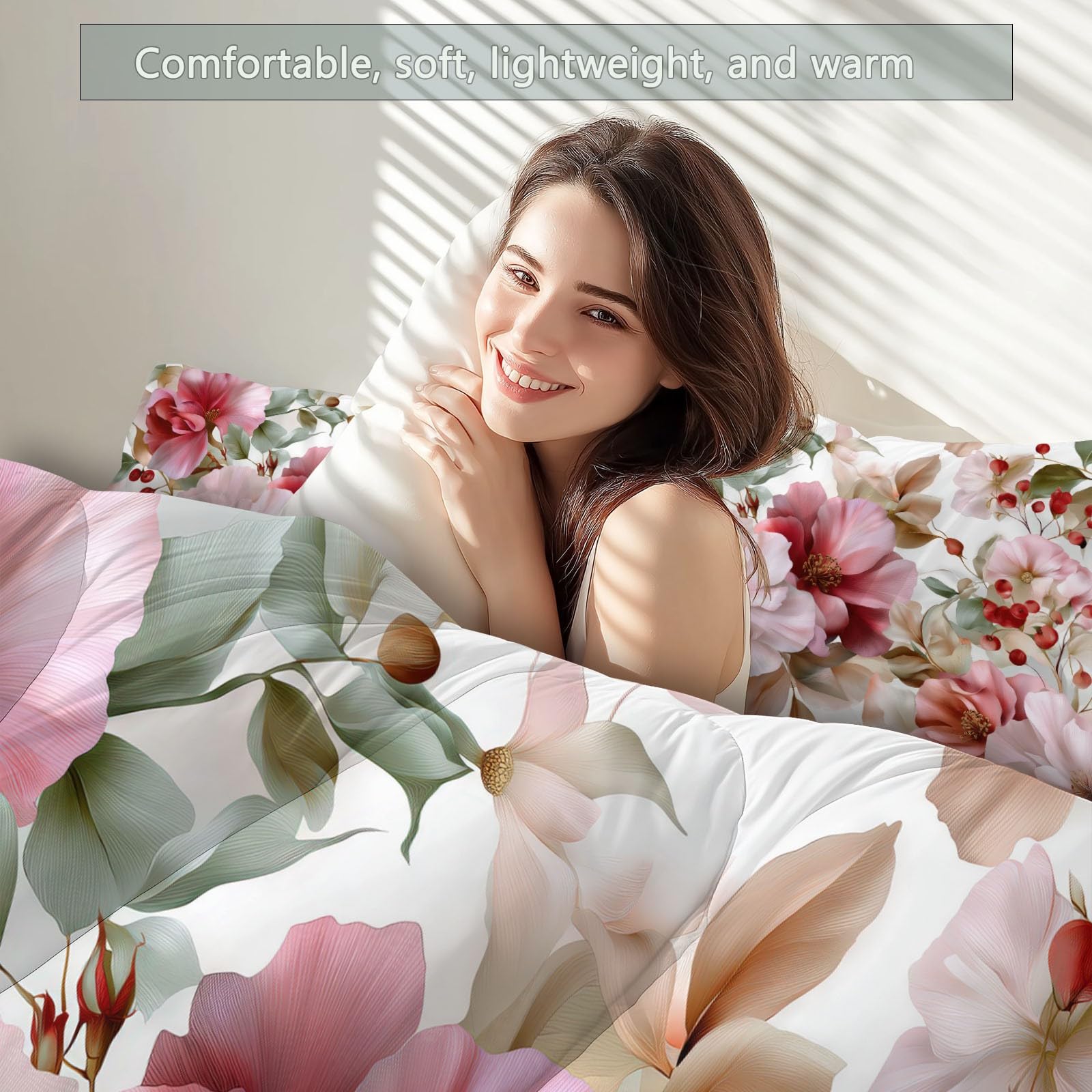 Bettdecke ohne Bezug 135x200cm, 4 Jahreszeiten Retro Pflanzen Blumen Beeren Steppdecke mit 2 Kissenbezug 80x80cm - Warme Weiche Atmungsaktive Schlafdecke Waschbar Ganzjahresdecke - Rosa