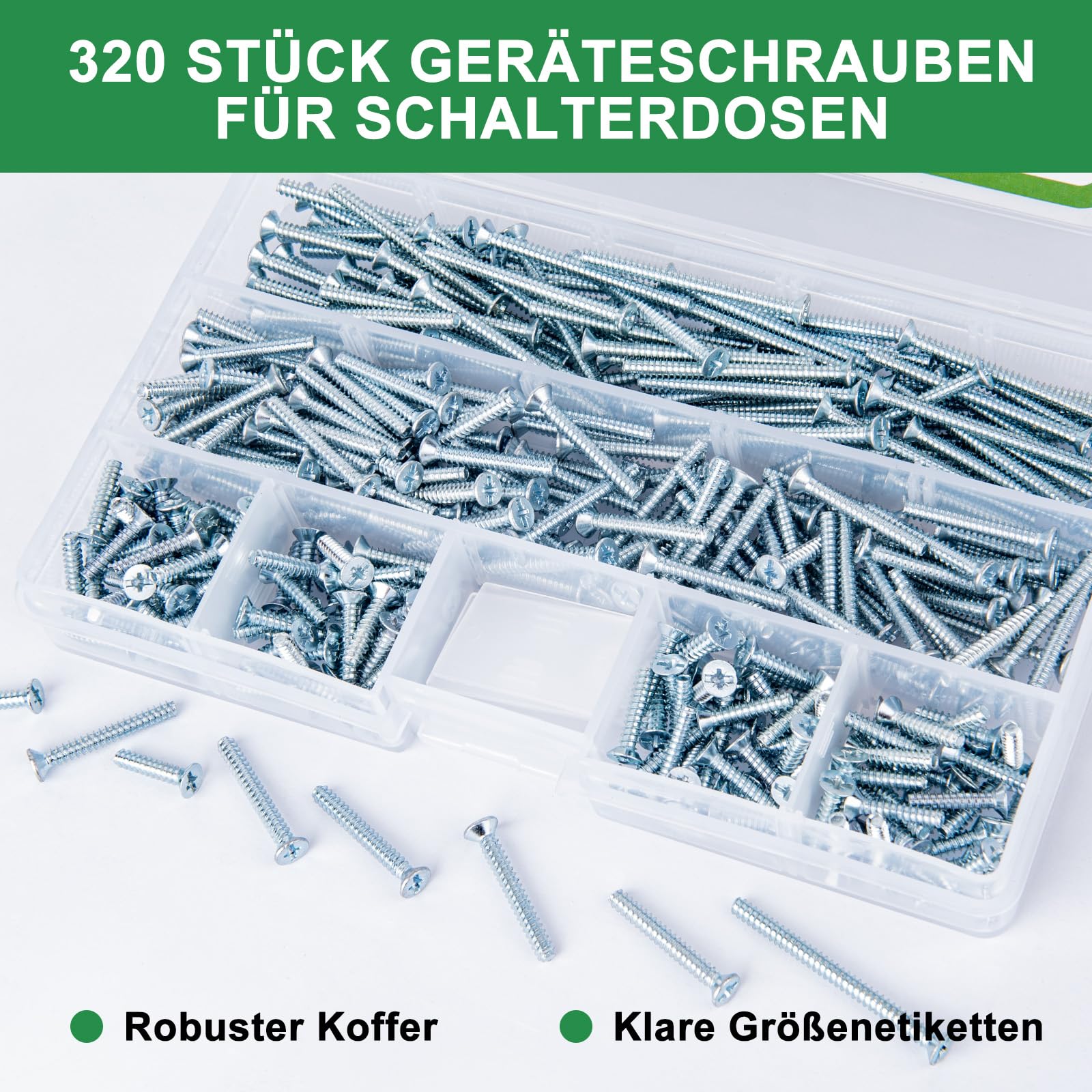Foliv 320 sztuk śrub do puszek przełączników, śruby maszynowe, pudełko asortymentowe Ø 3,2 x 15 mm, 3,2 x 25 mm, 3,2 x 40 mm, śruby wpuszczane ze stali ocynkowanej z PZ1/szczeliną, do naprawy
