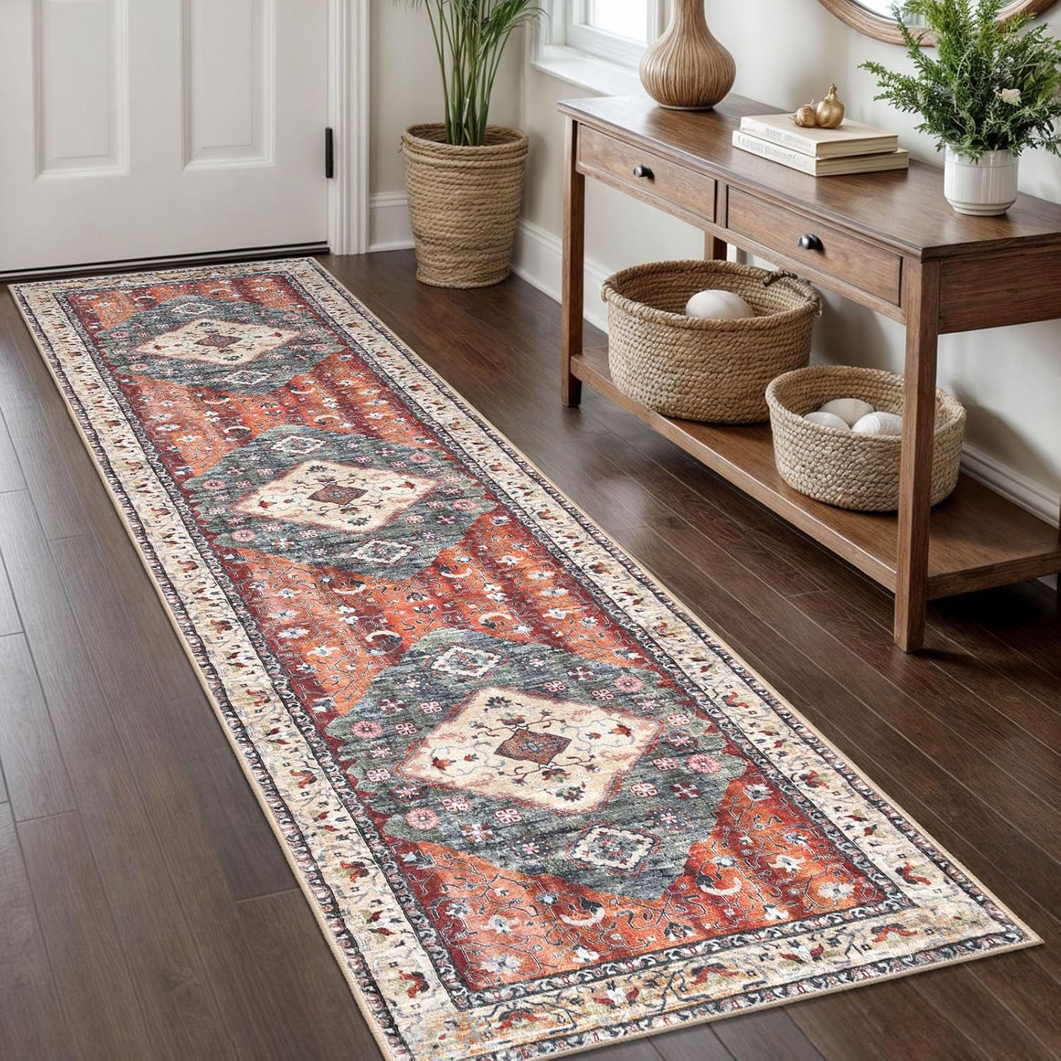 KOZYFLY Runners for Hallways 2x8 Ft Washable Kitchen Runner Rug Boho Runner Rug for Entryway Indoor Rust/Orange/Blue Printed Oriental Faux Wool Floor Carpet Runner for Bedroom Kitchen Hall
