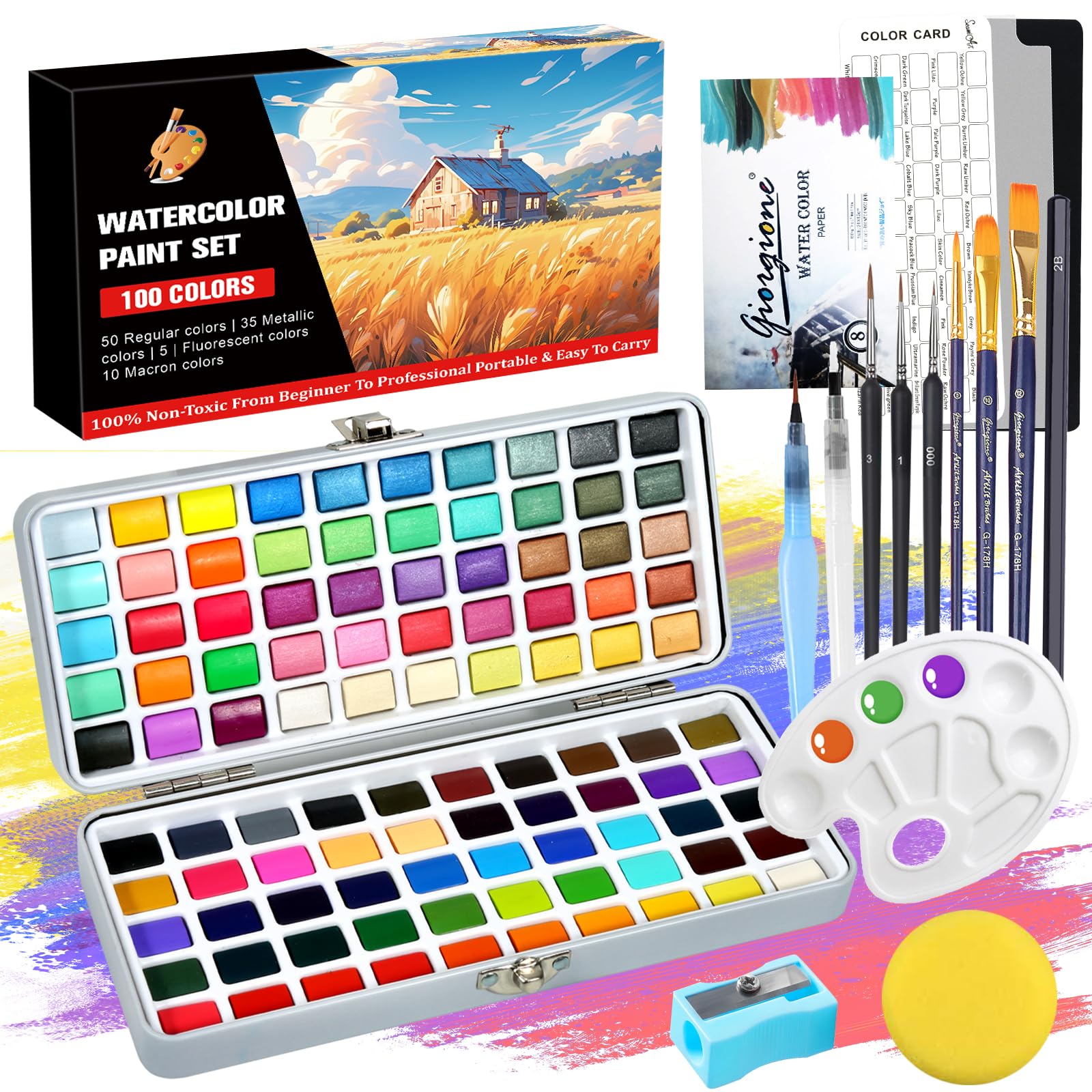 UCAMP Kit Acuarelas 100 Colores en Estuche Portátil,Juego de Acuarelas,Set De Pintura De Acuarela con Pincel y Papel de Acuarela,Watercolor, Acuarelas de Viaje,para Artistas y Pintores Aficionados