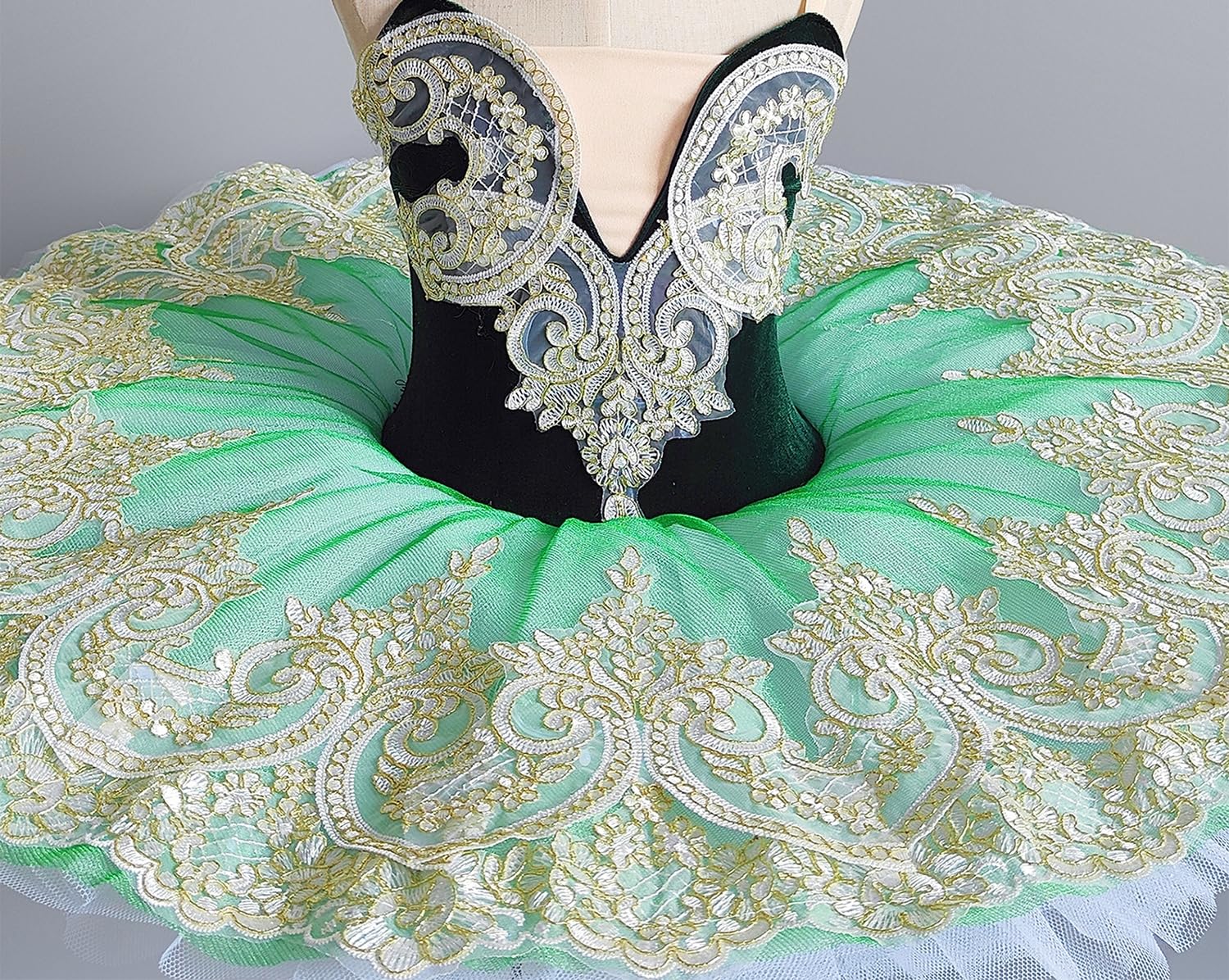 tutù Pancake Verde Velluto per Bambine Abito da Danza Classica Gonna in Tulle Ricamata Costume da Competizione