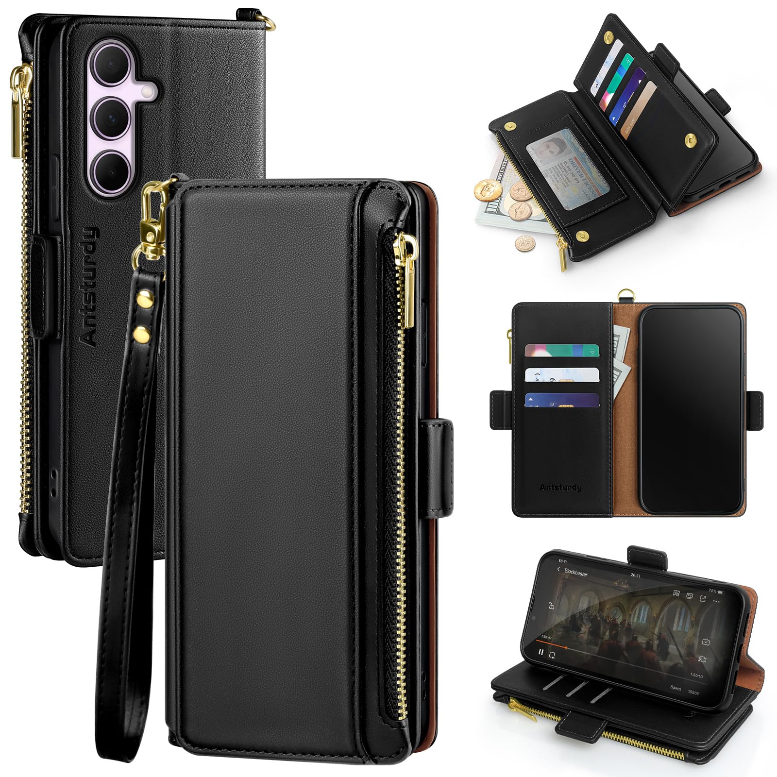 Antsturdy Compatible with Samsung Galaxy A35 5G Case Wallet with Card Holder Women Men Phone Case RFID Blocking PU Leather Flip Protective Cover Wrist