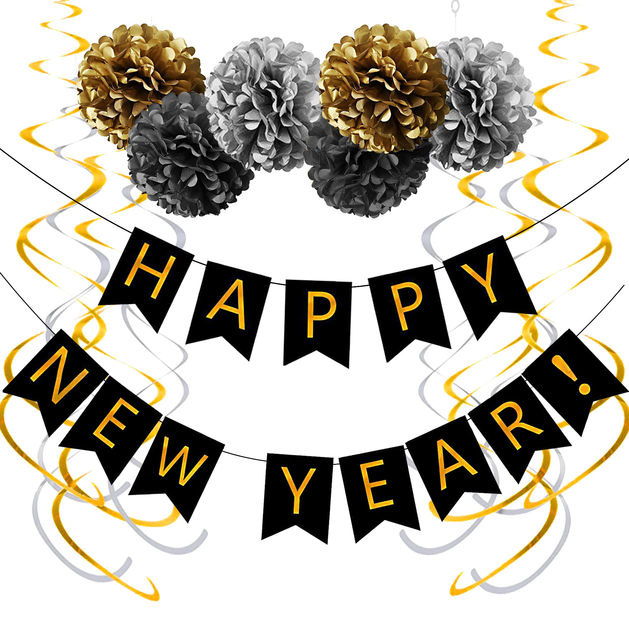 Saliyaa Gold & Black Happy New Year Banner for 2025 New Years Eve Party Supplies,Farewell 2024 Hello 2025 Happy New Year Decorations