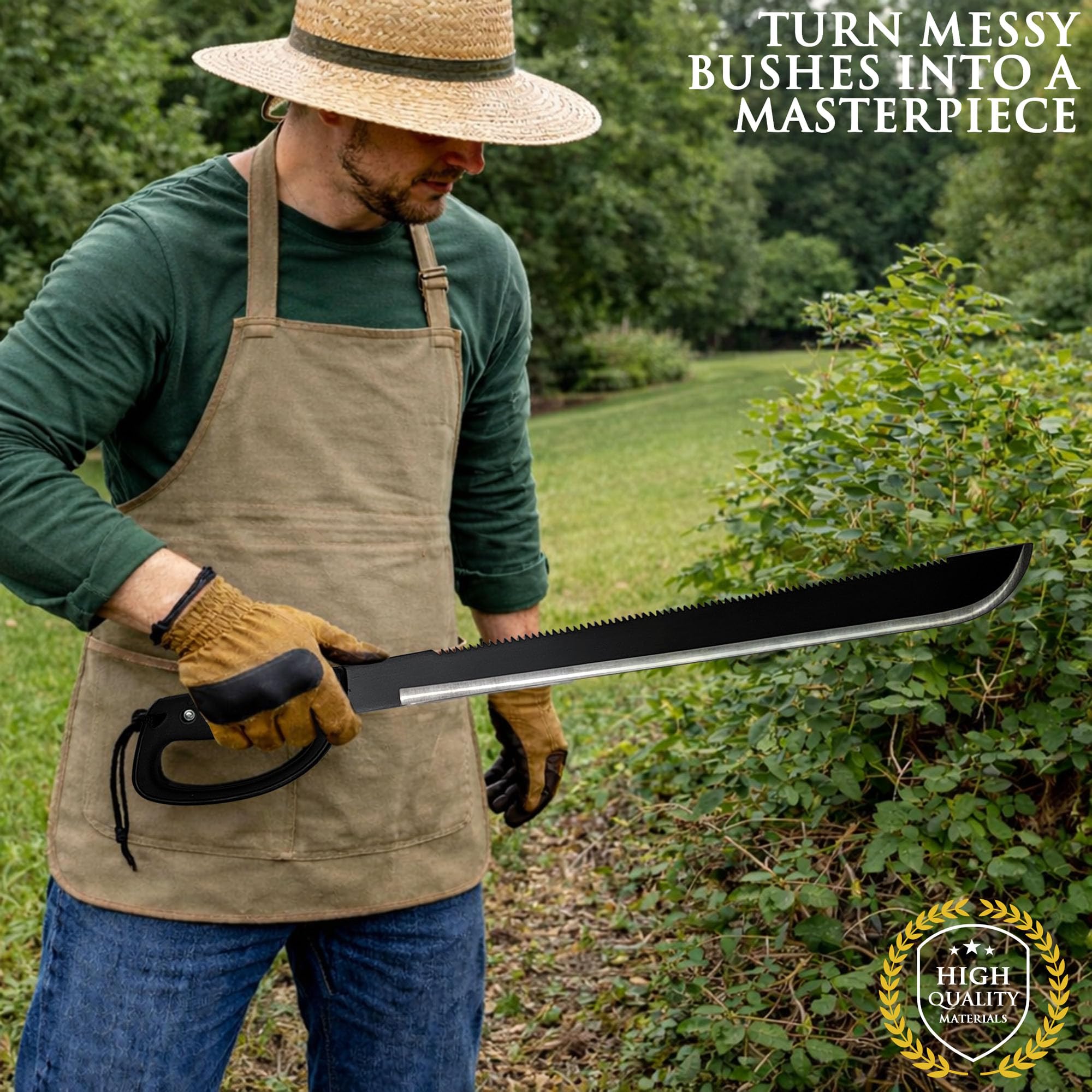 Serpe de Débroussaillage 2-en-1 avec Dos Dentelé & Fourreau Nylon – Outil Professionnel de Jardin | Lame en Acier Inox 3Cr13 | Coupe Ronces, Broussailles & Branches