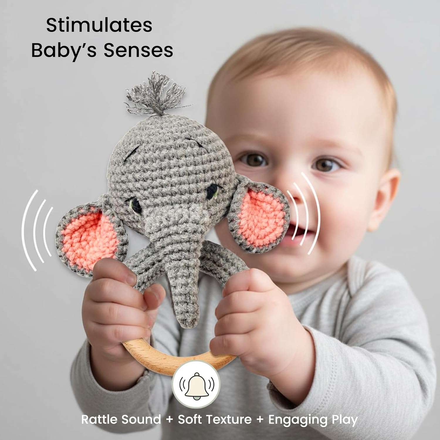Handmade Elephant Baby Rattle Toy– Organic Cotton Crochet Toys with Natural Beechwood Teething Ring for Soothing Gum Relief & Safe Play– Perfect Teething Toy for Sensory Play, Engagement & Nursery Fun