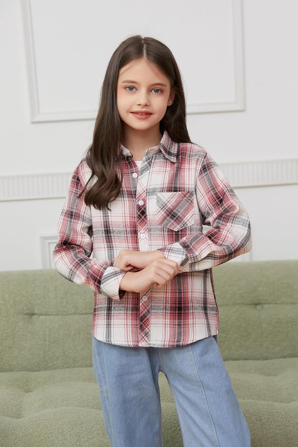 Betusline Girls' Flannel Plaid Shirt Button Down Long Sleeved Shirts - Image 3