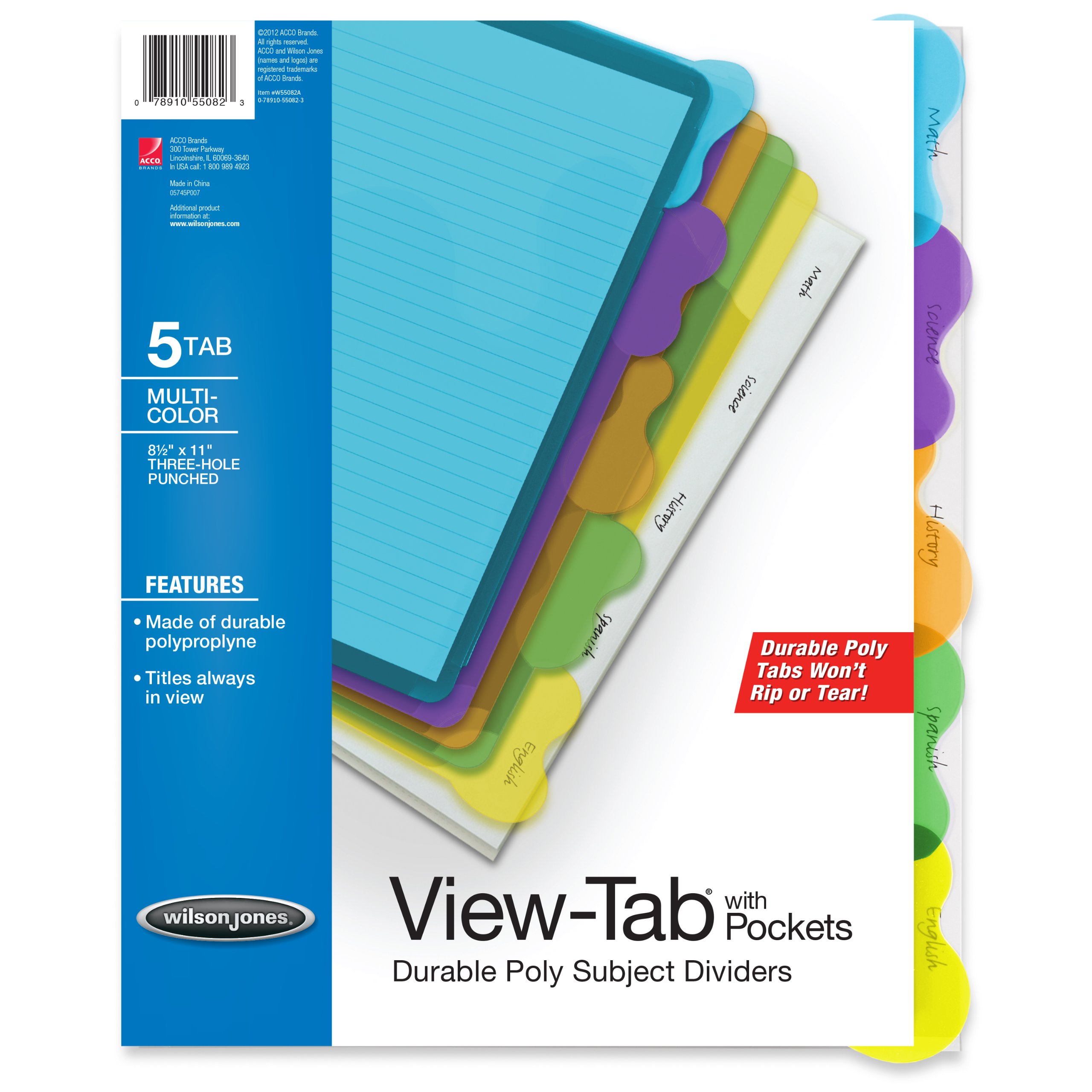 Wilson JonesView-Tab Transparent Dividers, Student Index with Pockets, 5-Tab Set, Multicolor Tabs (W55082)
