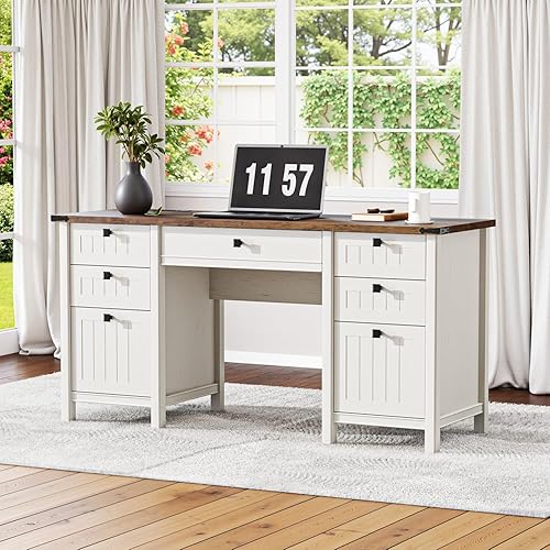 Miniatura 1 de Escritorio ejecutivo de granja con cajones, escritorio de computadora de granja de 62 pulgadas de ancho con tomas de corriente y carga USB,