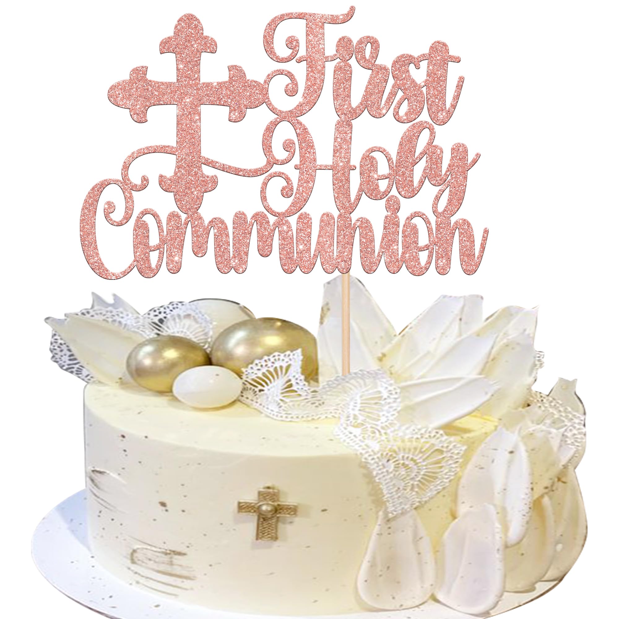 Xsstarmi 1 Pack First Holy Communion Cake Topper Glitter Cross Cake Pick Christian Baby Baptism Cake Decorations for God Bless Baby Shower Birthday Party Supplies Rose Gold