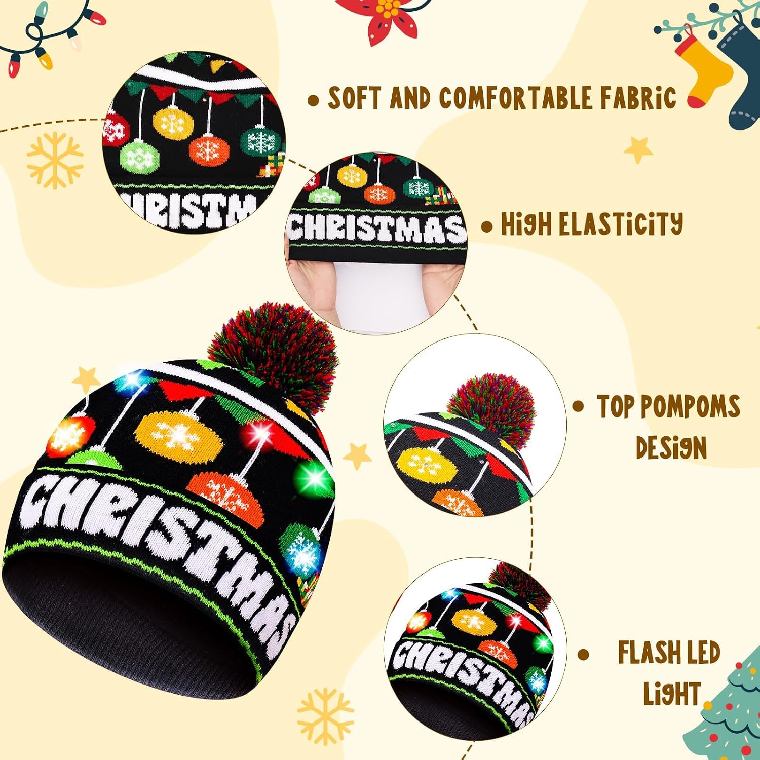 2 Pack Christmas LED Light-up Knitted Beanie Hat Colorful Flashing Holiday Xmas Christmas Party Supplies(One Size Fits More)