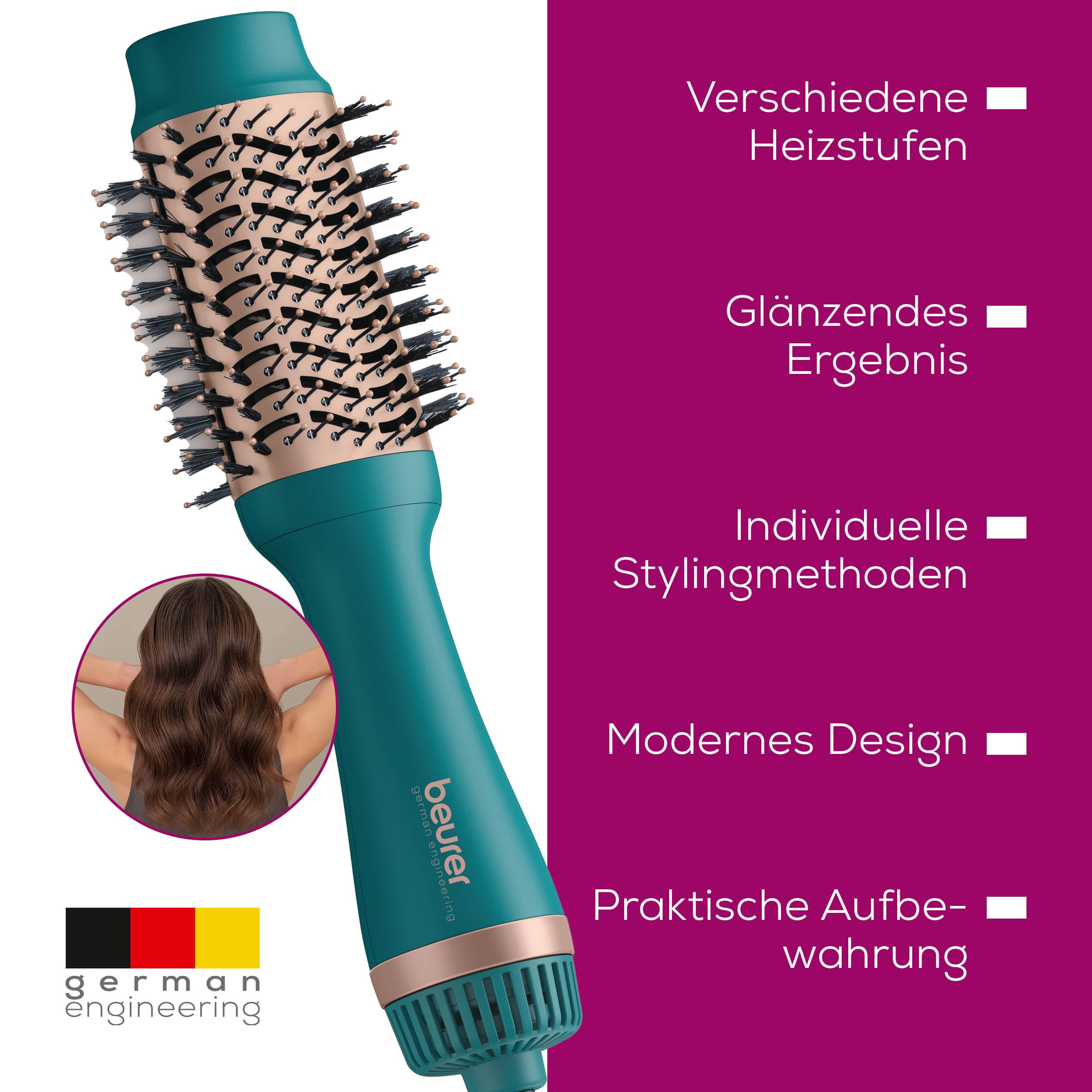 Beurer HC 45 Ocean Warmluftbürste, Haartrocknungsbürste für mehr Volumen, Keramik-Keratin Beschichtung, 2 Heiz- und Gebläsestufen, Stylingbürste mit Ionenfunktion